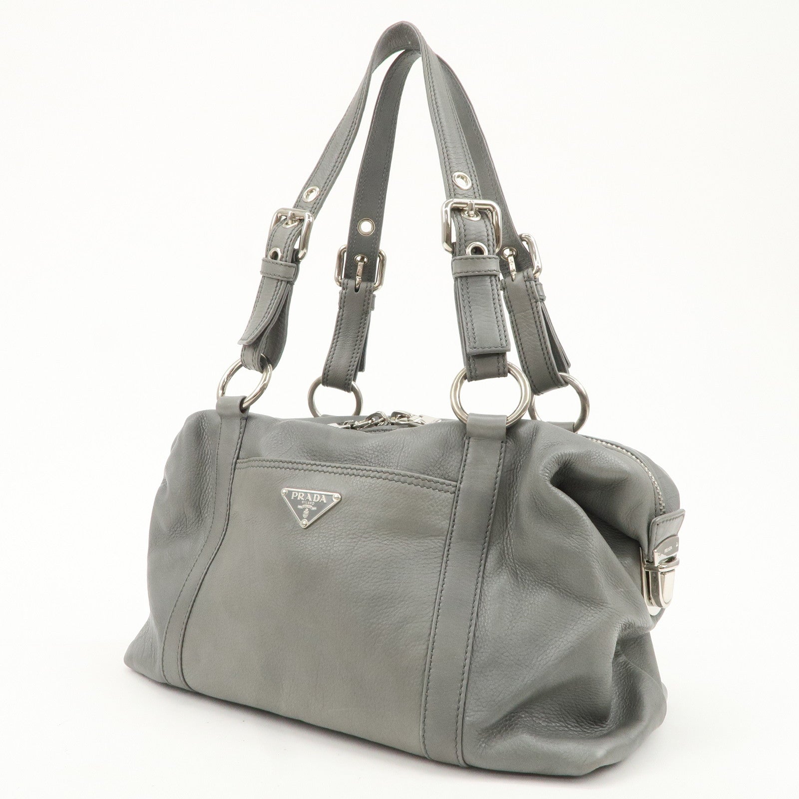 PRADA Leather Boston Bag Shoulder Bag Gray Silver Hardware Used