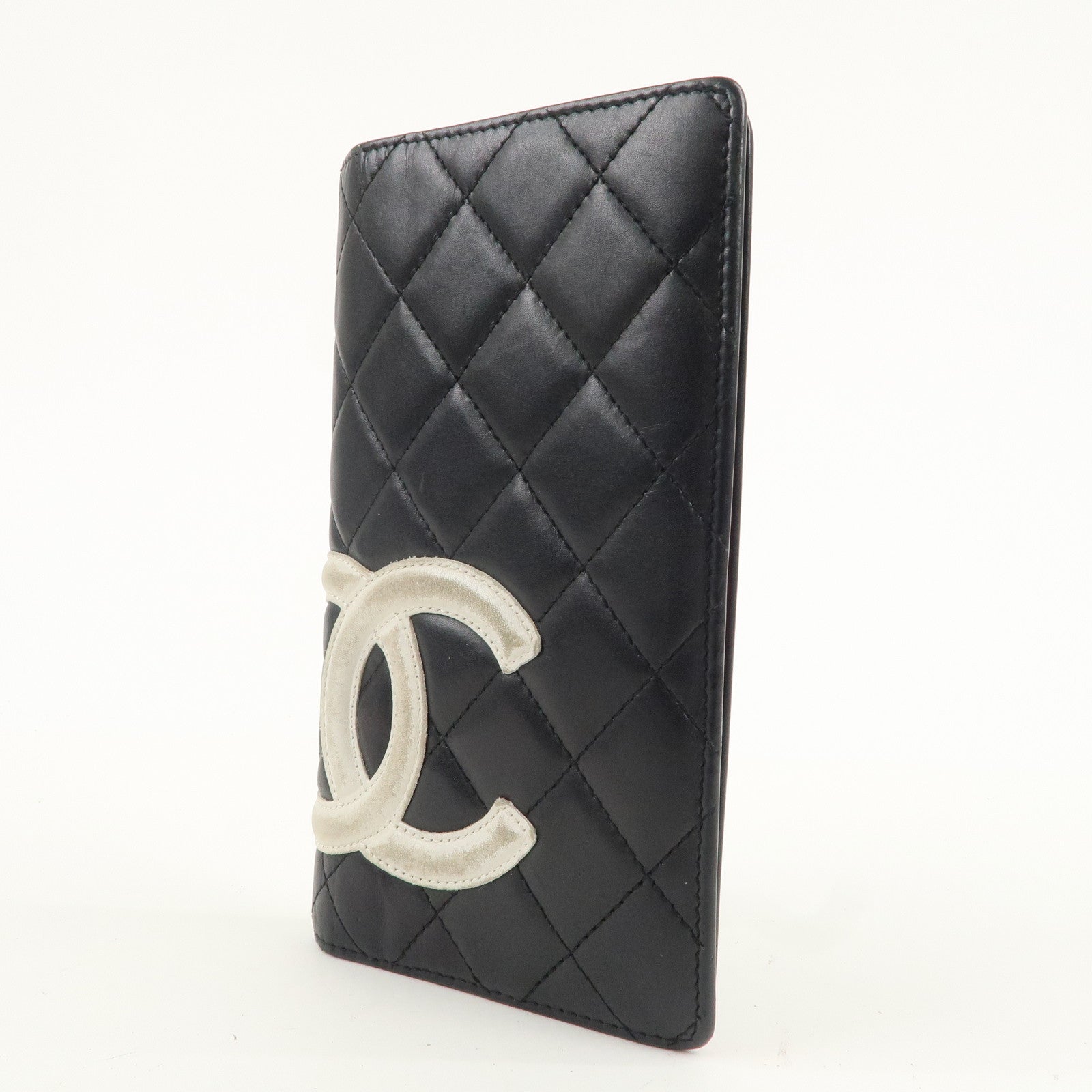 CHANEL Cambon Line Lamb Skin Bi-fold Wallet Black White A26717