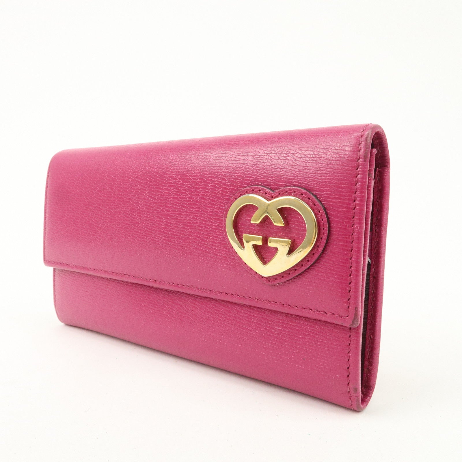 GUCCI Lovely Heart Logo Leather Bifold Long Wallet Pink 251861 Used