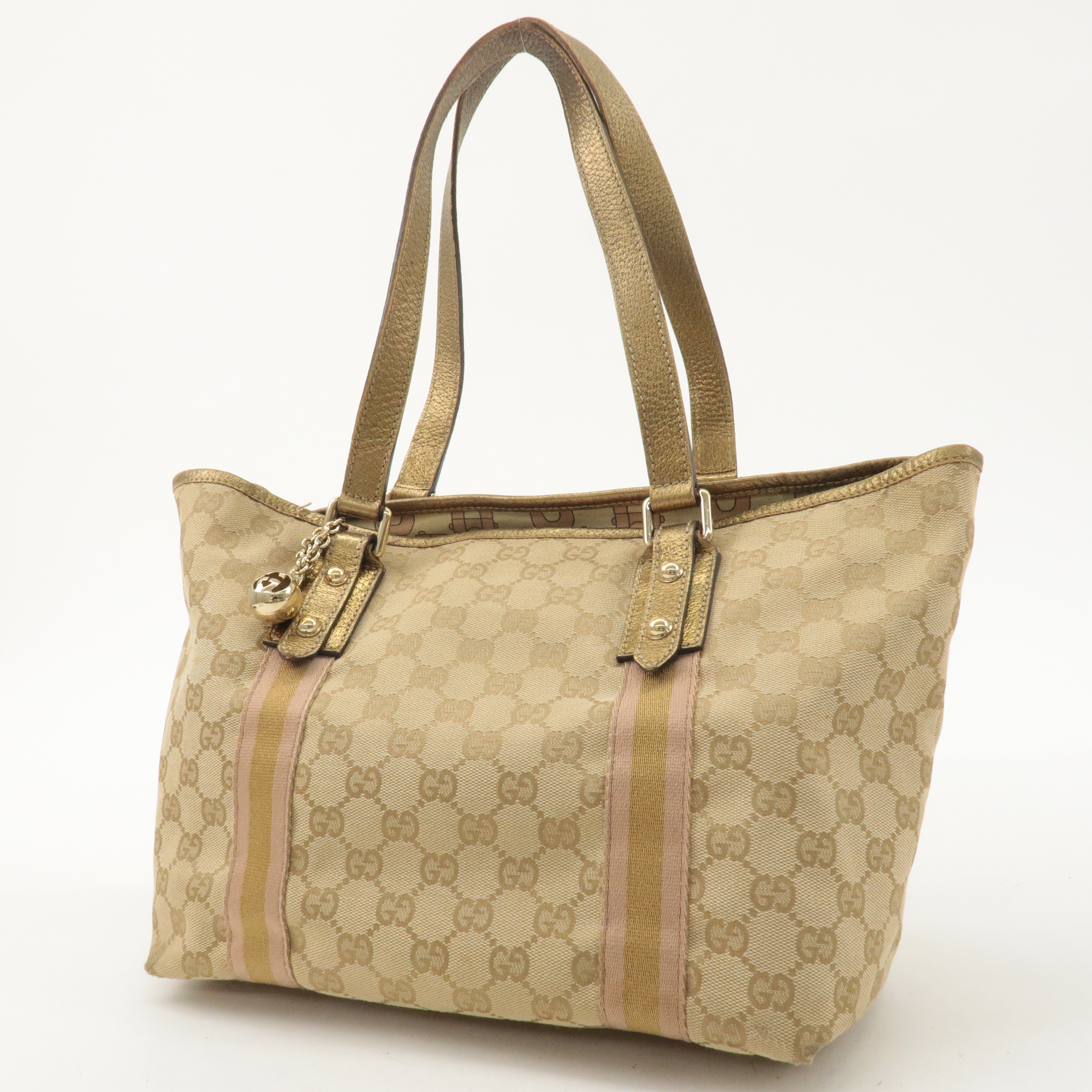 GUCCI GG Canvas Leather Shoulder Tote Bag Beige Gold 137396