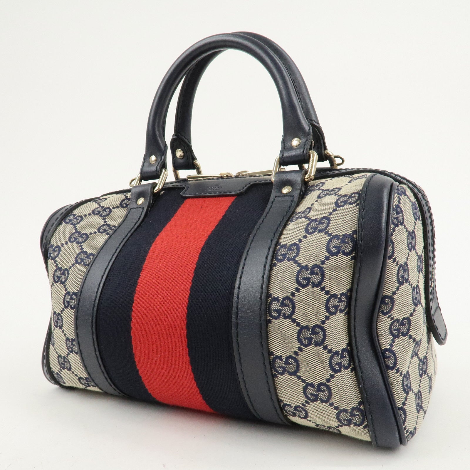 GUCCI Sherry GG Canvas Leather Boston Bag Beige Navy 269876 Used