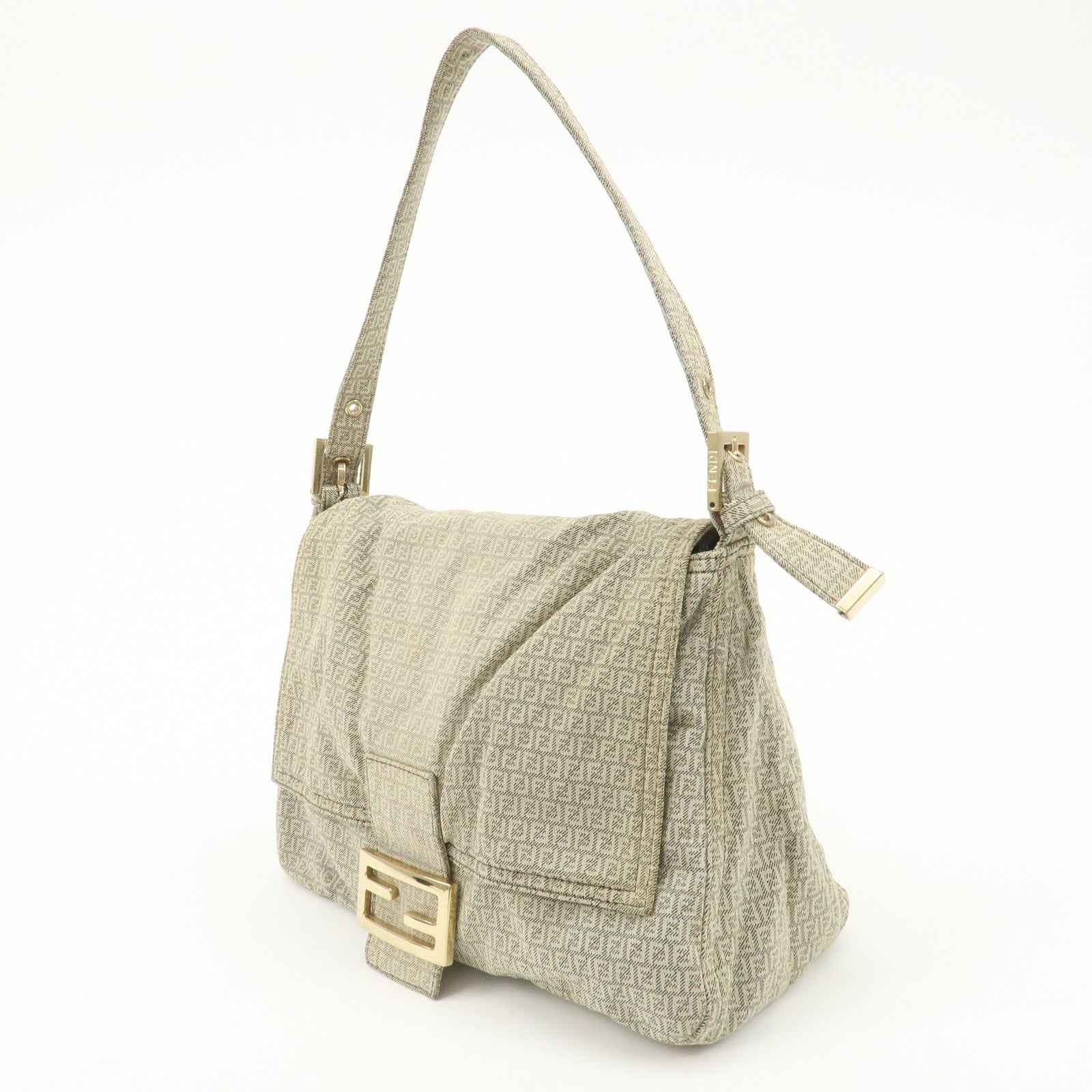 FENDI Mamma Baguette Micro FF Canvas Shoulder Bag Gray 8BR001 Used