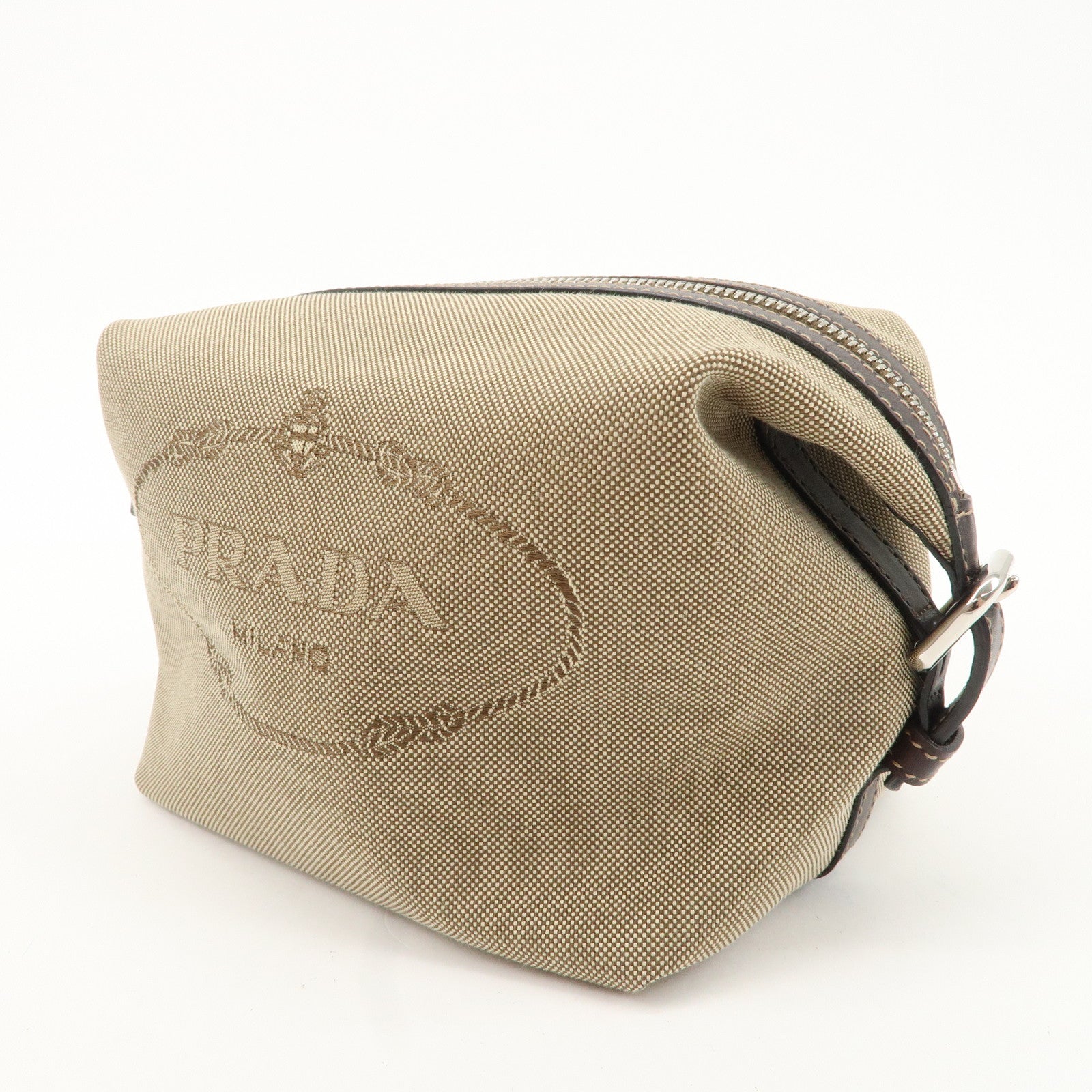 PRADA Logo Jacquard Leather Pouch Beige Brown 1N1298 Used