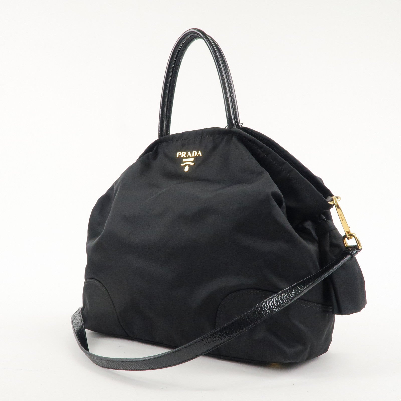 PRADA Nylon Patent Leather Tassel 2WAY Tote Shoulder Bag Black