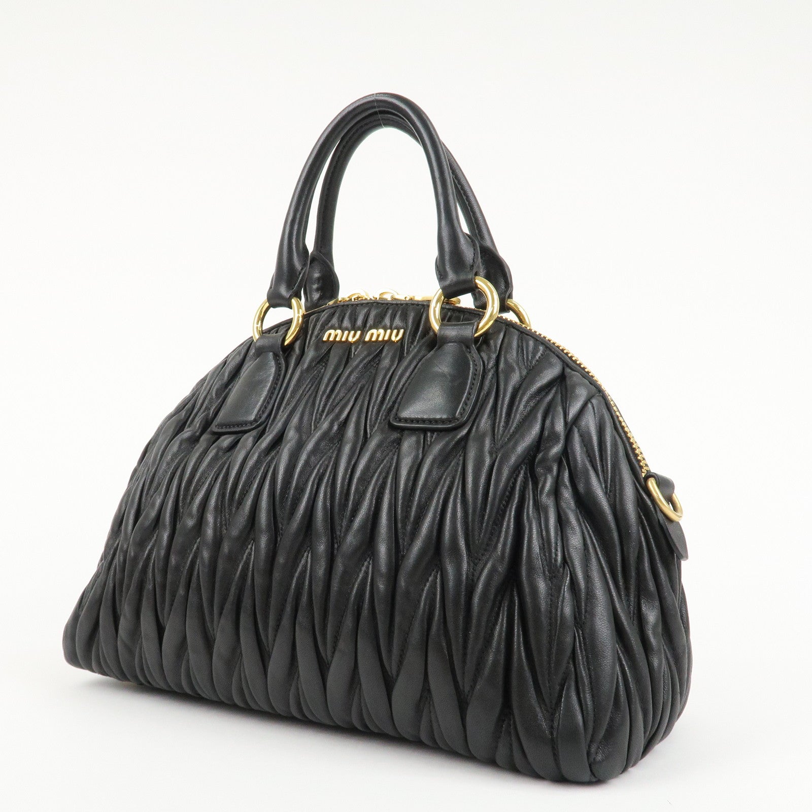 MIU MIU Matelasse Leather Hand Bag Black Gold Hardware Used