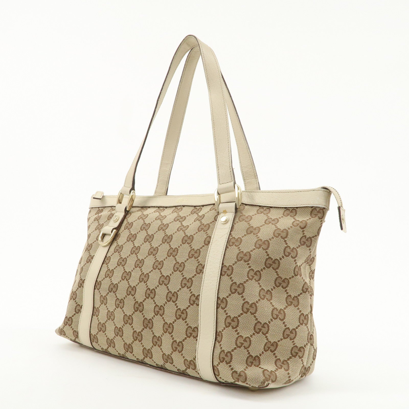 GUCCI GG Abbey Canvas Leather Tote Bag Beige White 1414170 Used