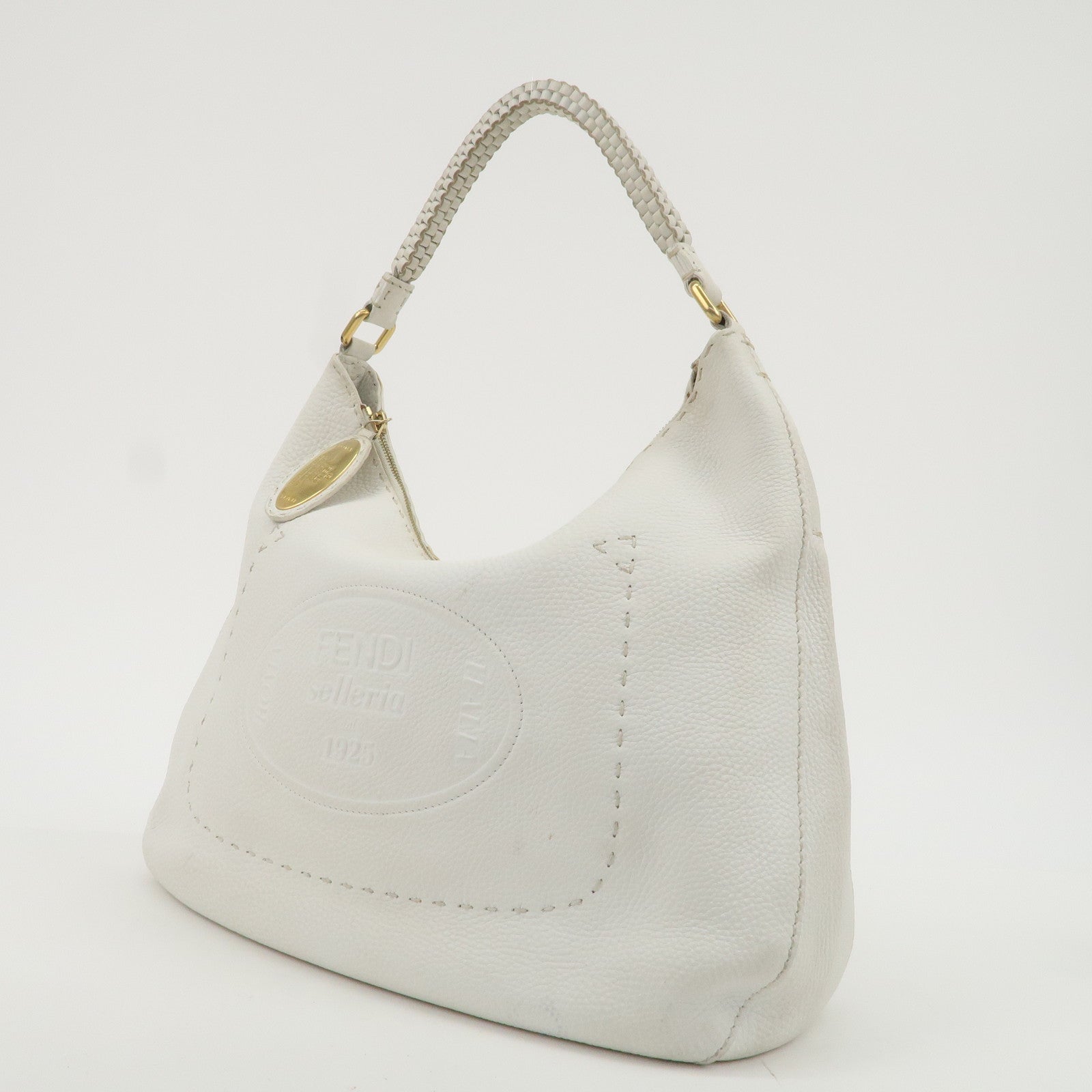 FENDI Selleria Leather Shoulder Bag White Gold Hardware 8BR648 Used