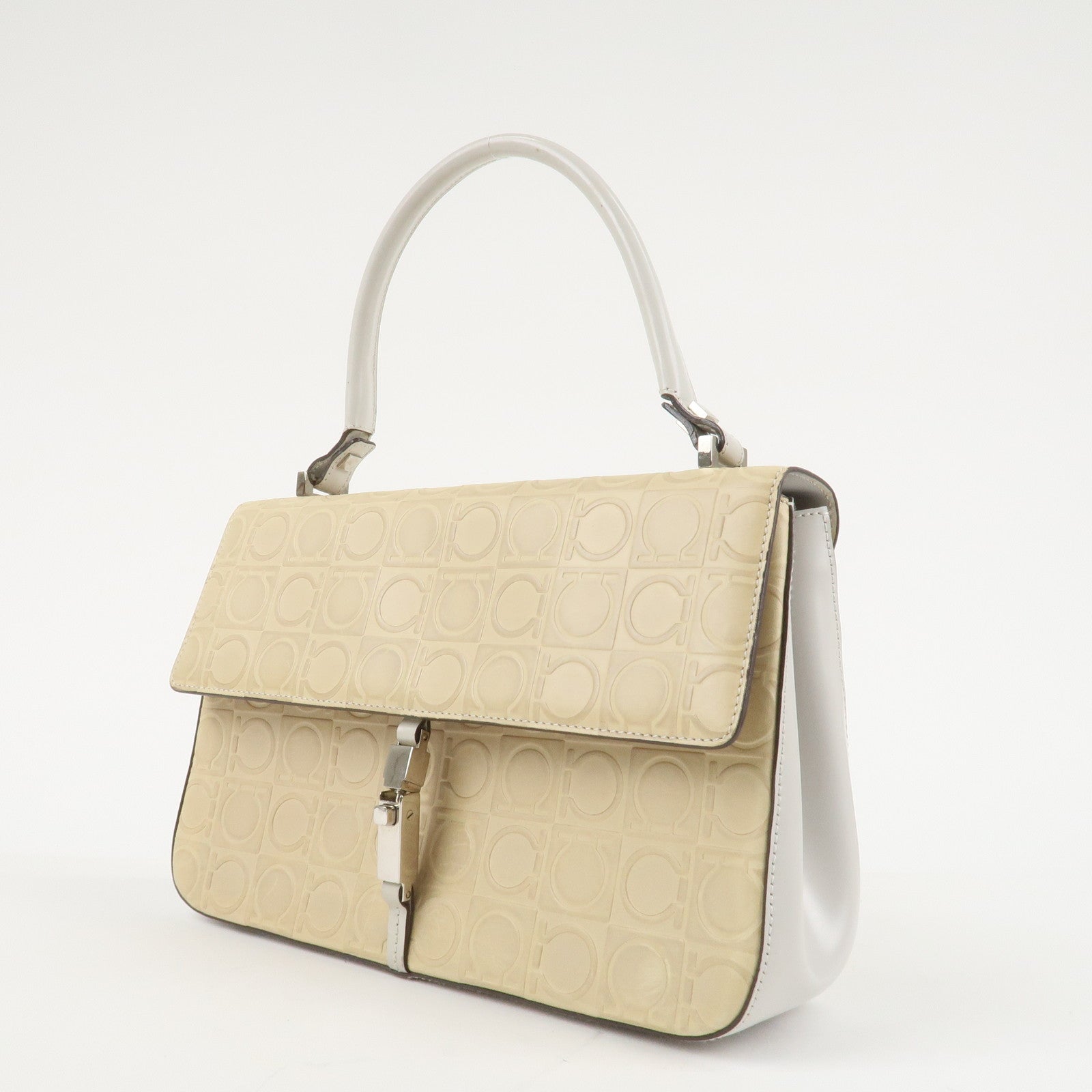 Ferragamo Gancini Pattern Leather Hand Bag Ivory