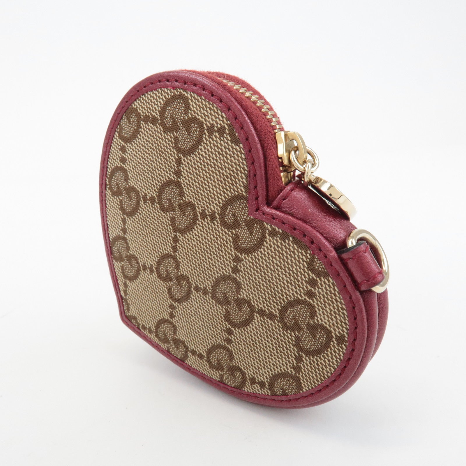 GUCCI GG Canvas Leather Heart Coin Purse Coin Case Red 152615 Used