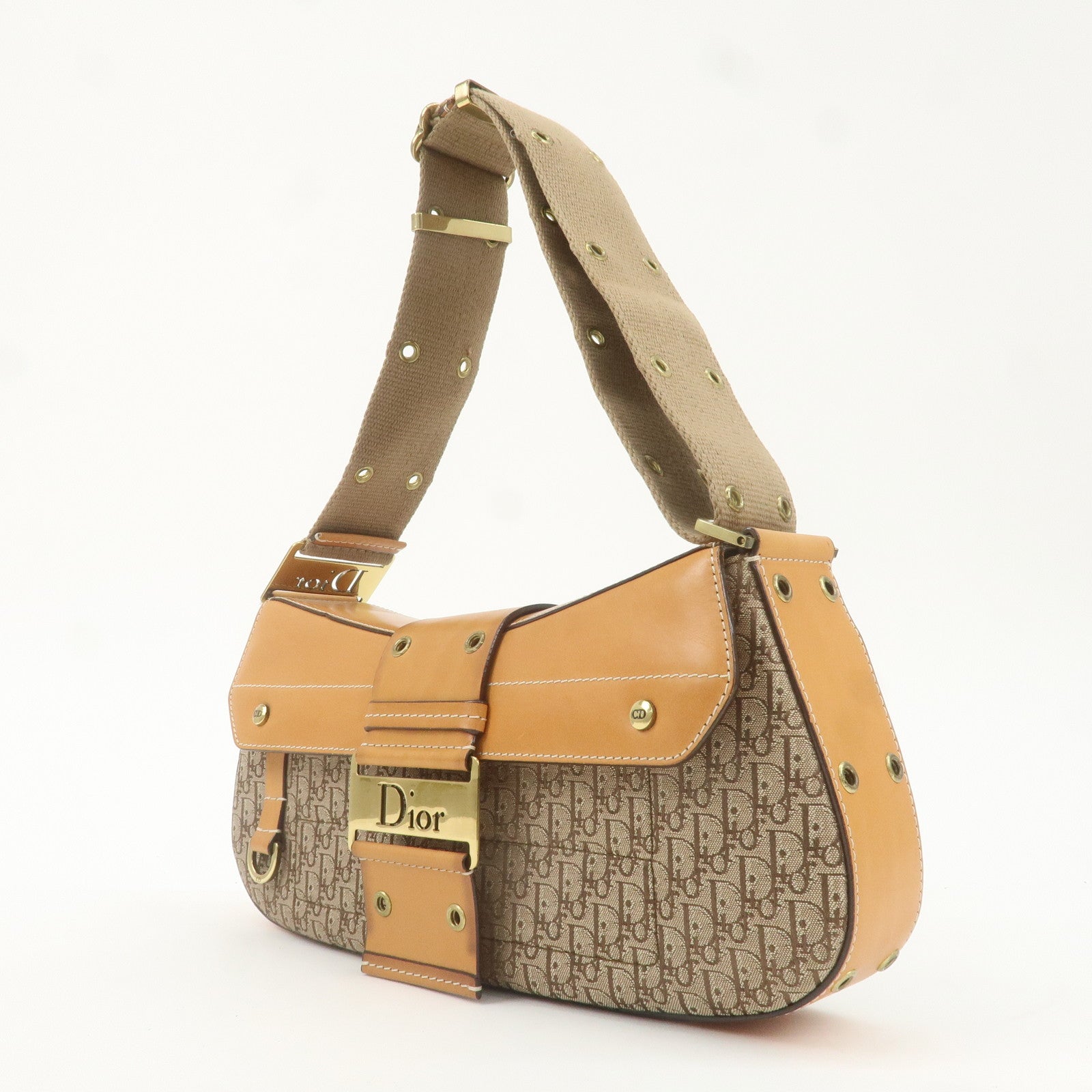 Christian Dior Trotter Canvas Leather Shoulder Bag Light Brown