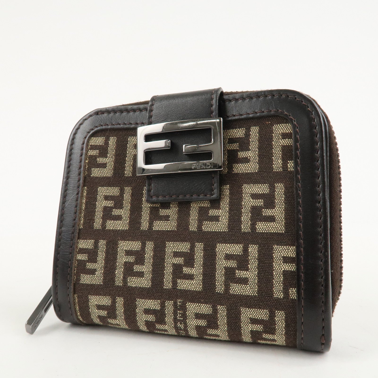 FENDI Zucchino Canvas Leather Zippy Around Bi-fold Wallet Used