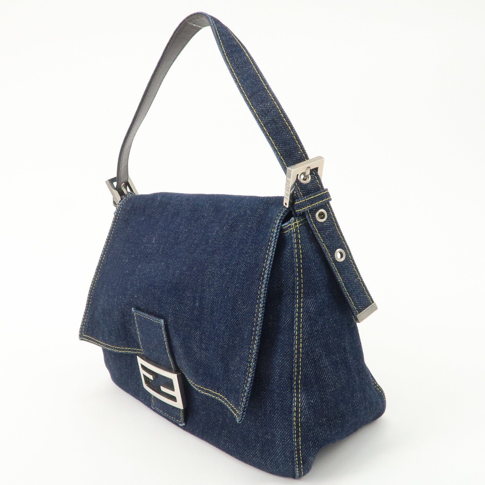 FENDI Denim Leather Mamma Baguette Shoulder Bag 26325 Used