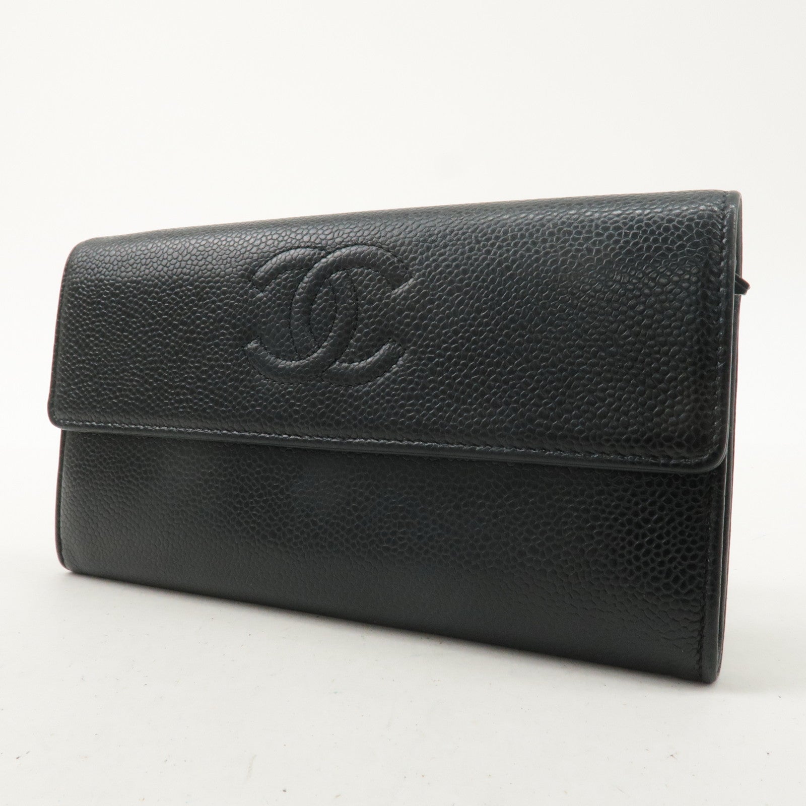 CHANEL Caviar Skin Coco Mark Bi-fold Long Wallet Black