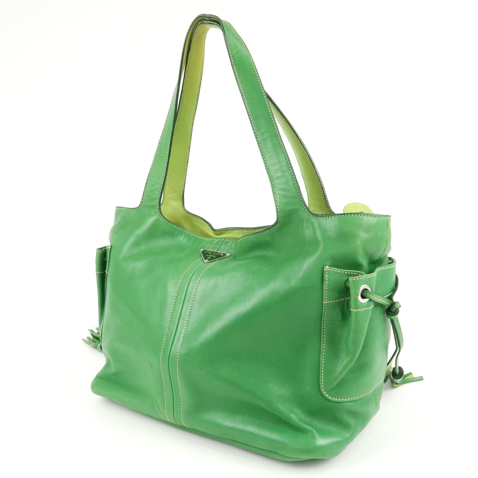 PRADA Logo Leather Tassel Shoulder Bag Hand Bag Green Used