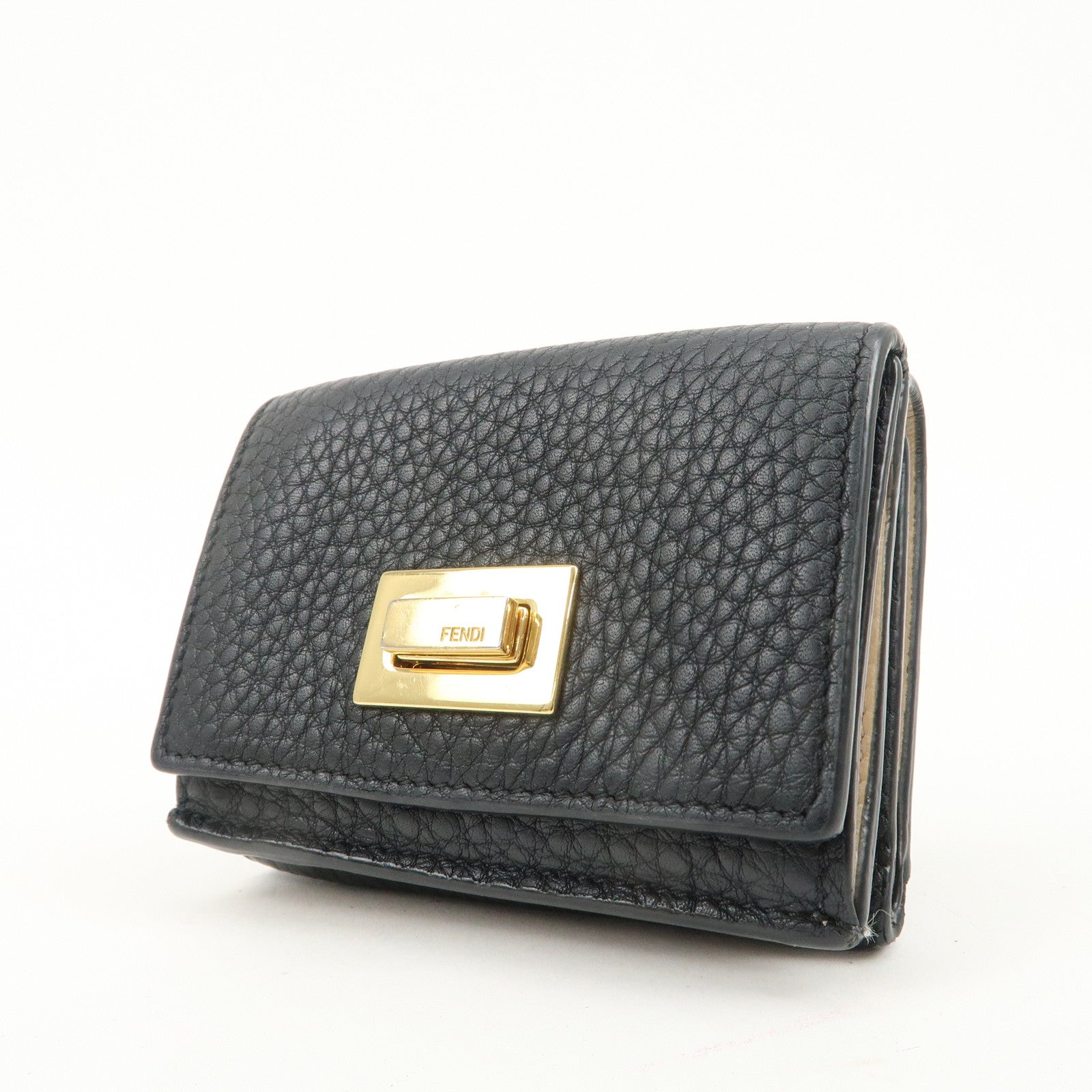 FENDI Leather Peekaboo Micro Wallet Black Gold Hardware 8M0426 Used