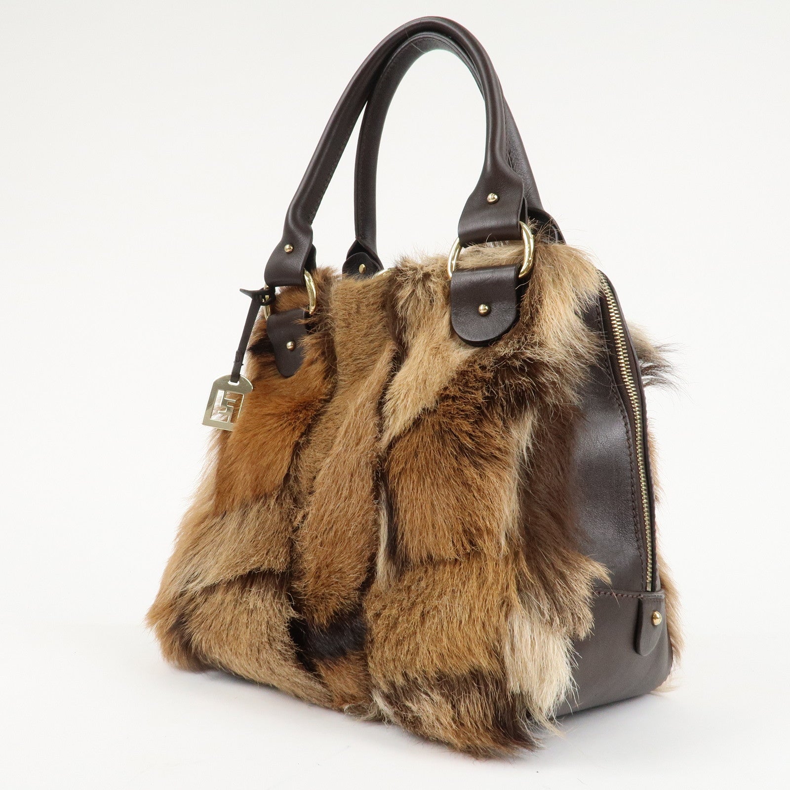 FENDI Fur Leather Tote Bag Hand Bag Shoulder Bag Brown 8BR286