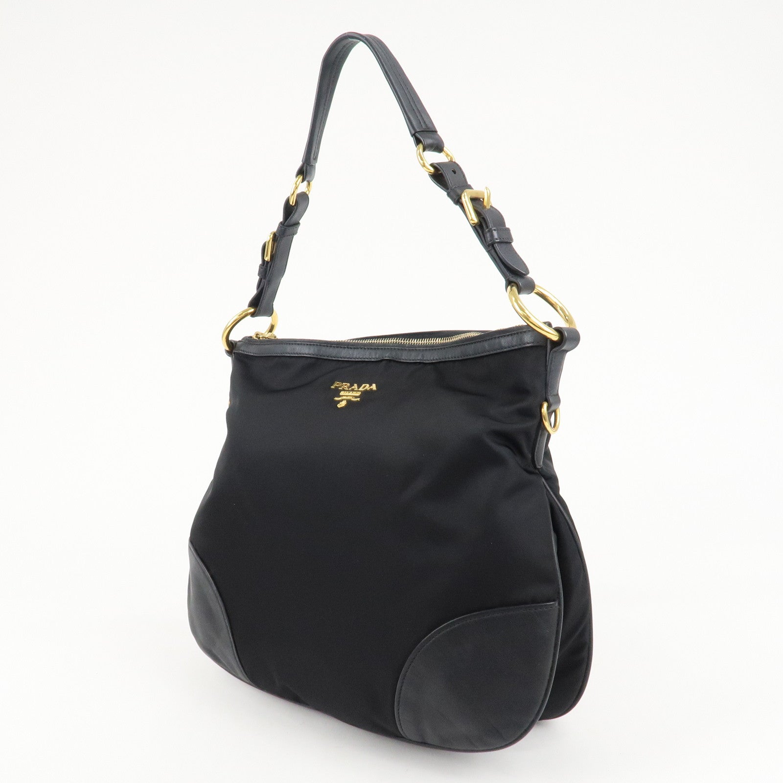 PRADA Nylon Leather Shoulder Bag Black Gold Hardware