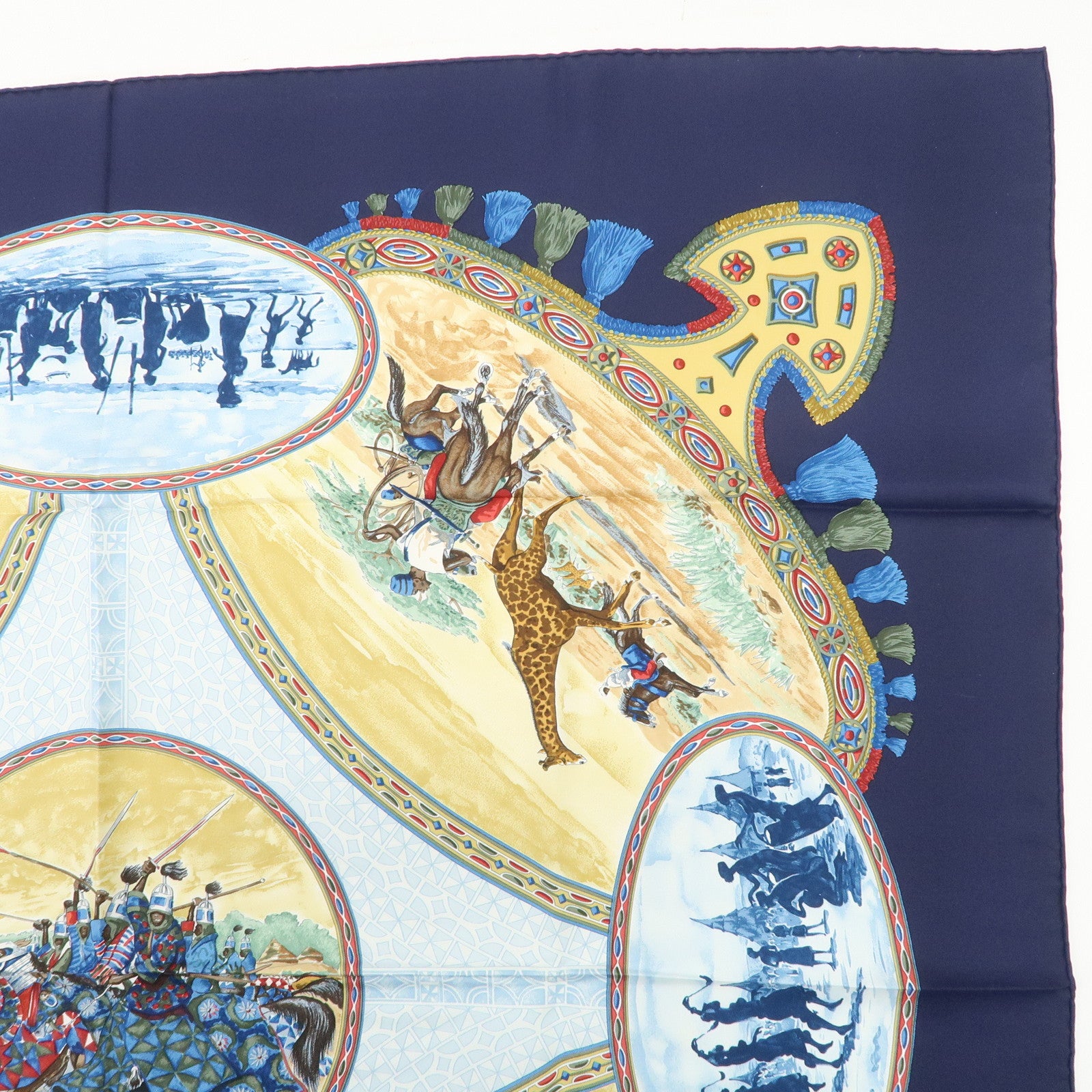 HERMES Carre 90 Silk 100%  Scarf CAVALIERS PEULS Navy Blue