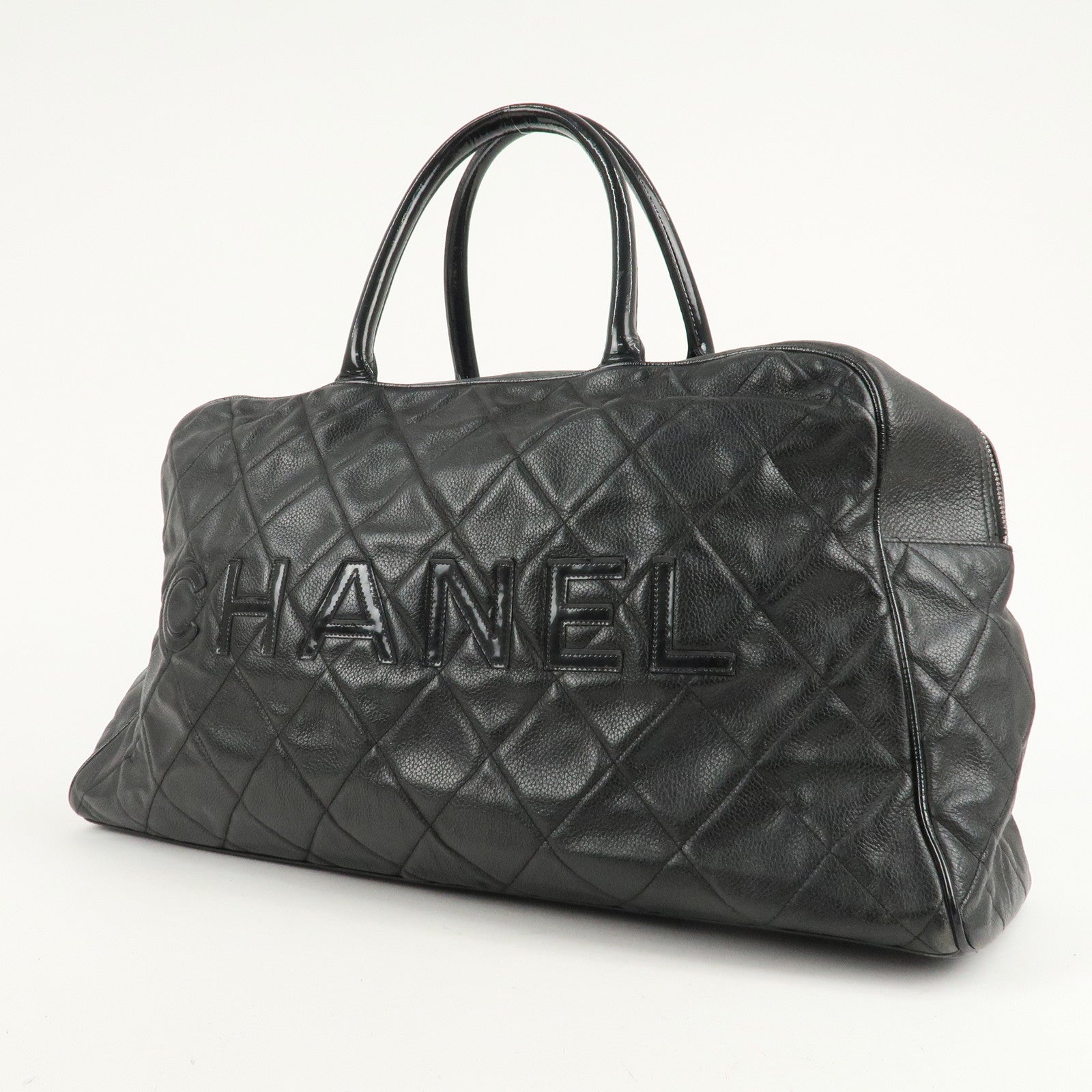 CHANEL Matelasse Caviar Skin Patent Boston Bag Black Used