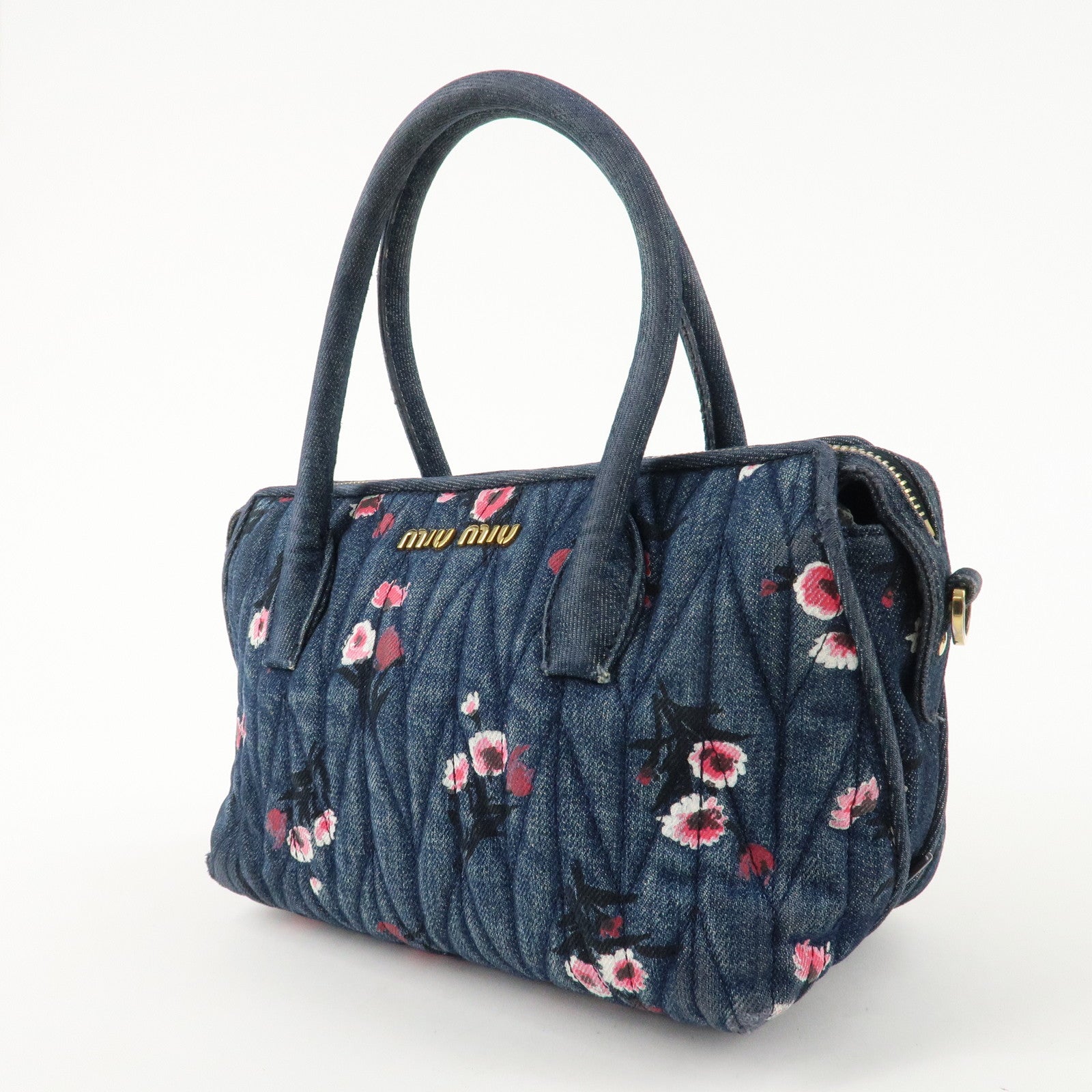 MIU MIU Matelasse Denim Leather 2Way Bag Hand Bag Flower 5BB020 Used