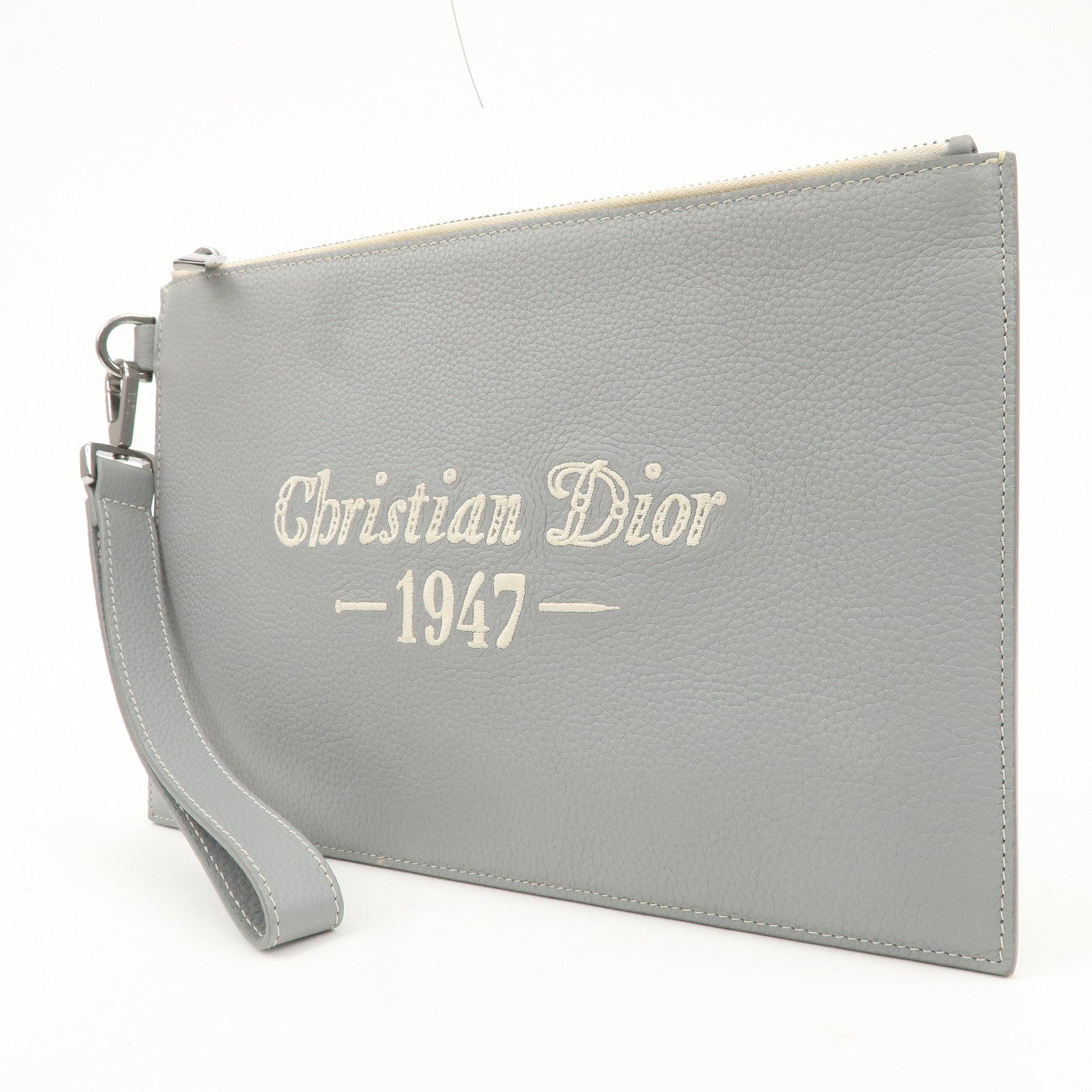 Christian Dior Leather CD 1947 Clutch Pouch Gray Used