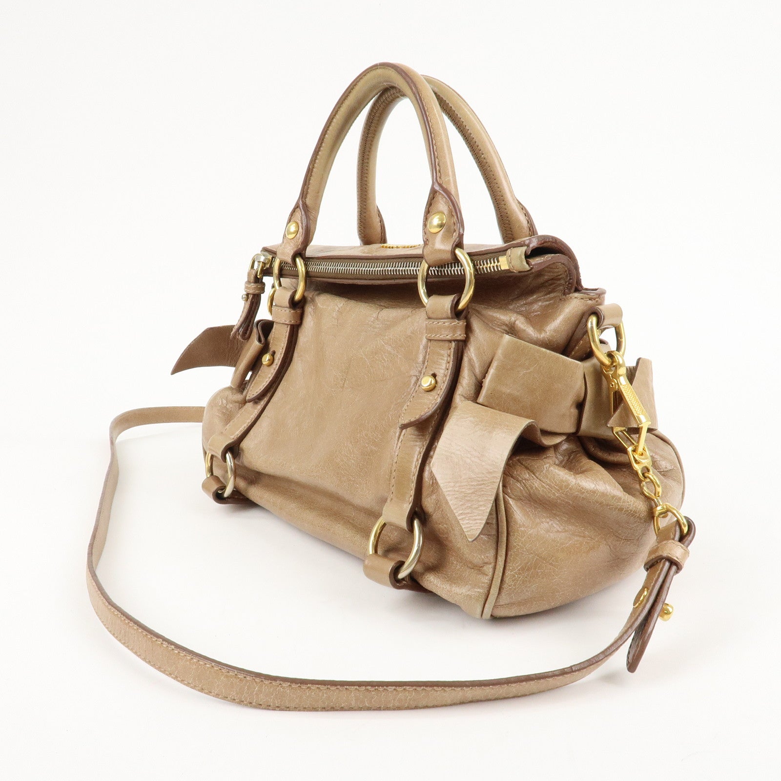 MIU MIU Leather Ribbon 2Way Shoulder Hand Bag Beige Used