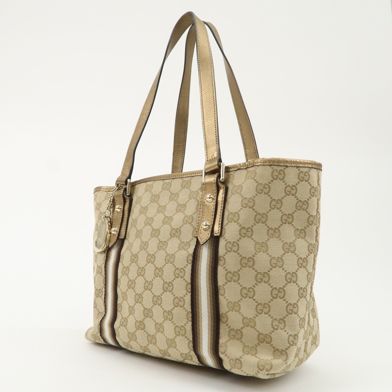 GUCCI Sherry GG Canvas Leather Tote Bag Beige Gold 137396