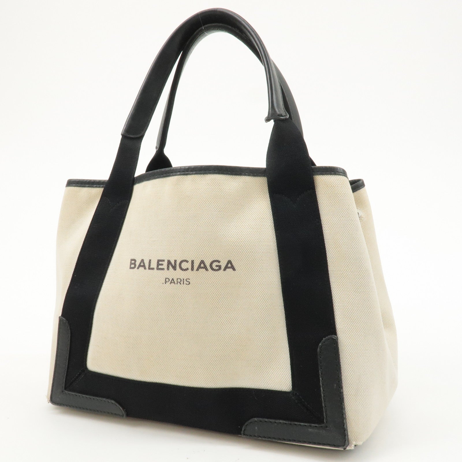 BALENCIAGA Canvas Leather Navy Cabas S Tote Bag Ivory Black 339933