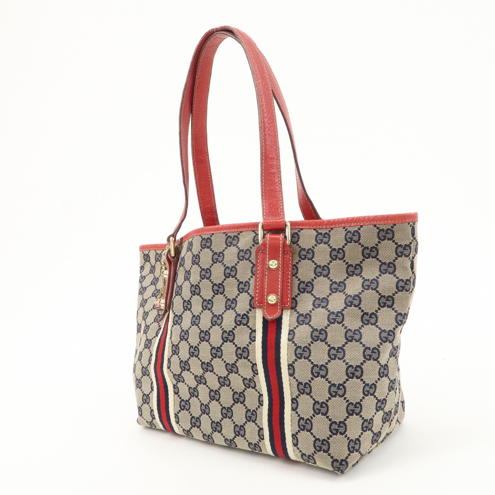 GUCCI Sherry GG Canvas Leather Tote Bag Beige Red Navy 137396