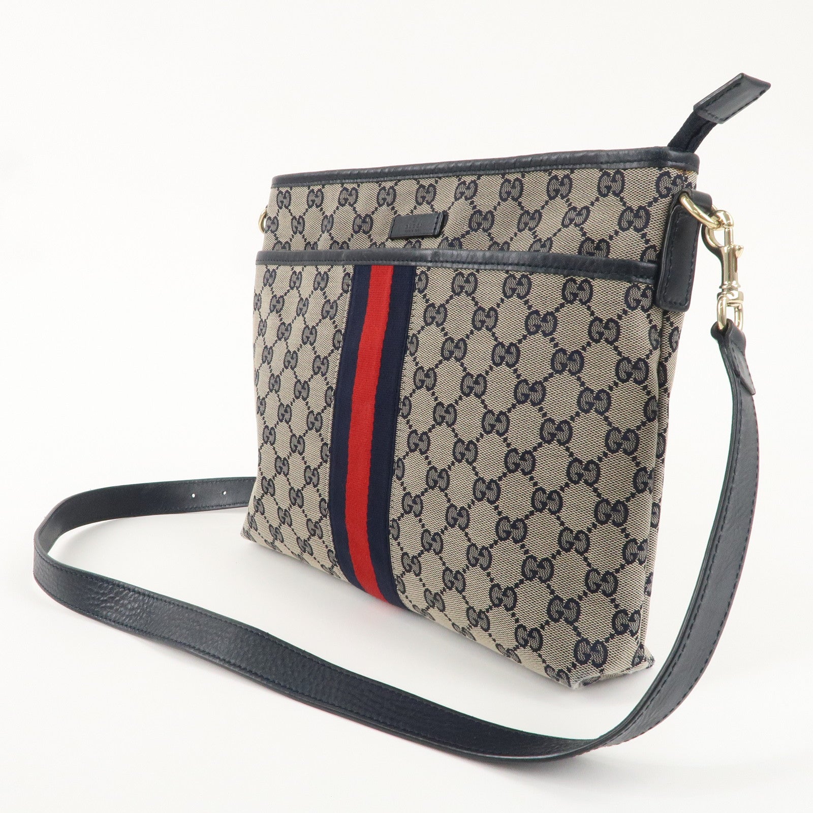 GUCCI Sherry GG Canvas Leather Shoulder Bag Navy Beige 388926