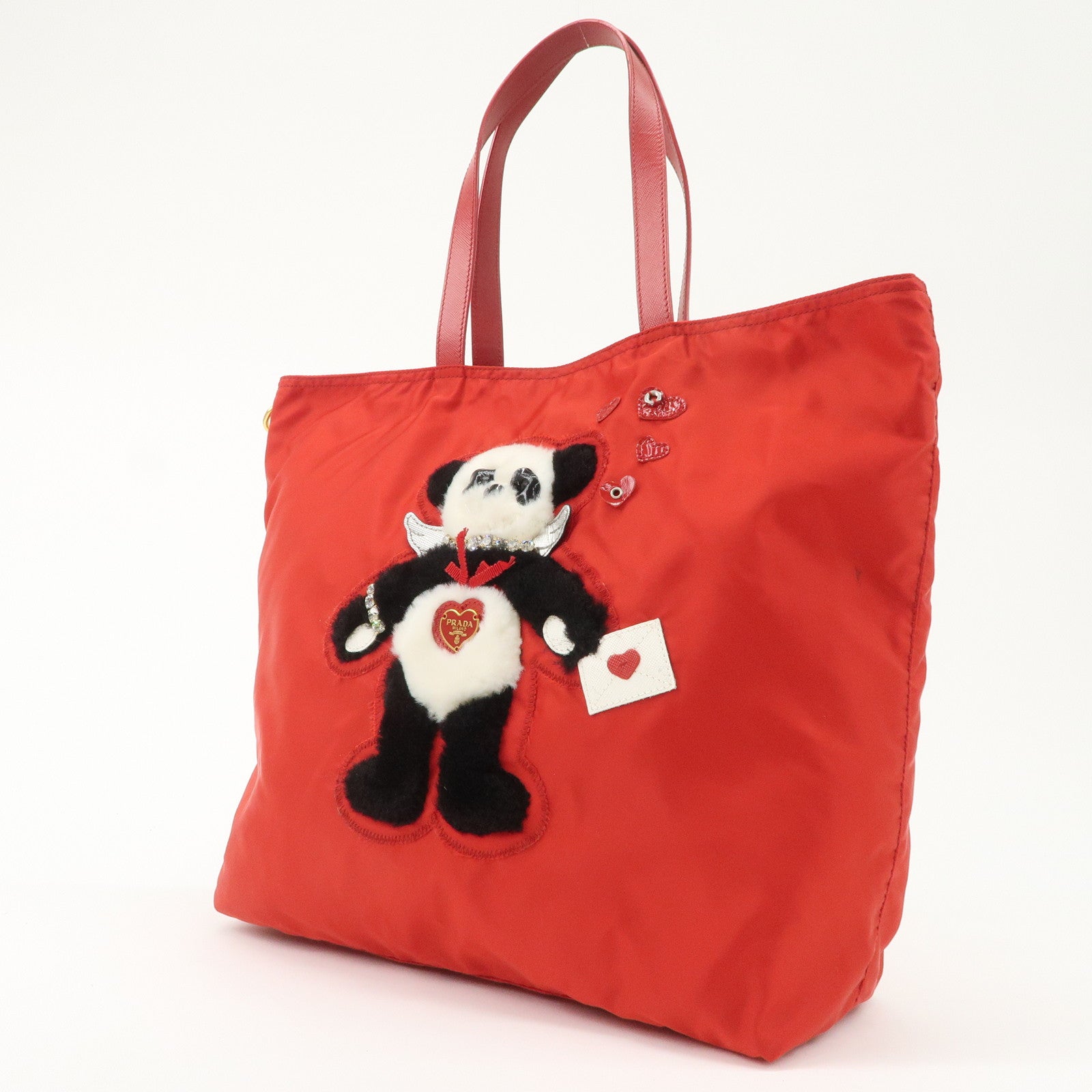 AuthenticPRADA Nylon Leaather Panda Tote Bag Shoudler Bag Red BR4249