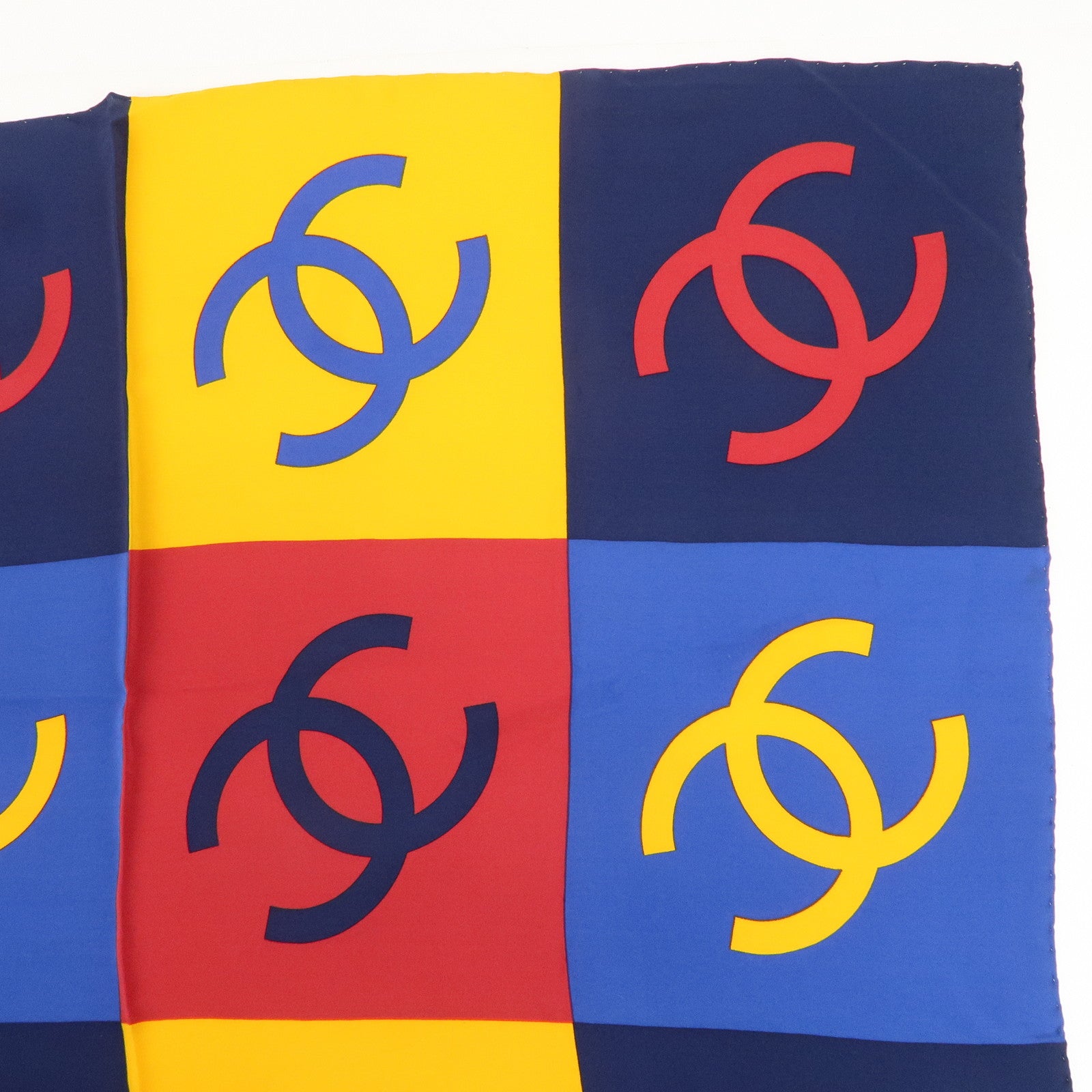 CHANEL 100% Silk Scarf 90×90 Blue Yellow Red