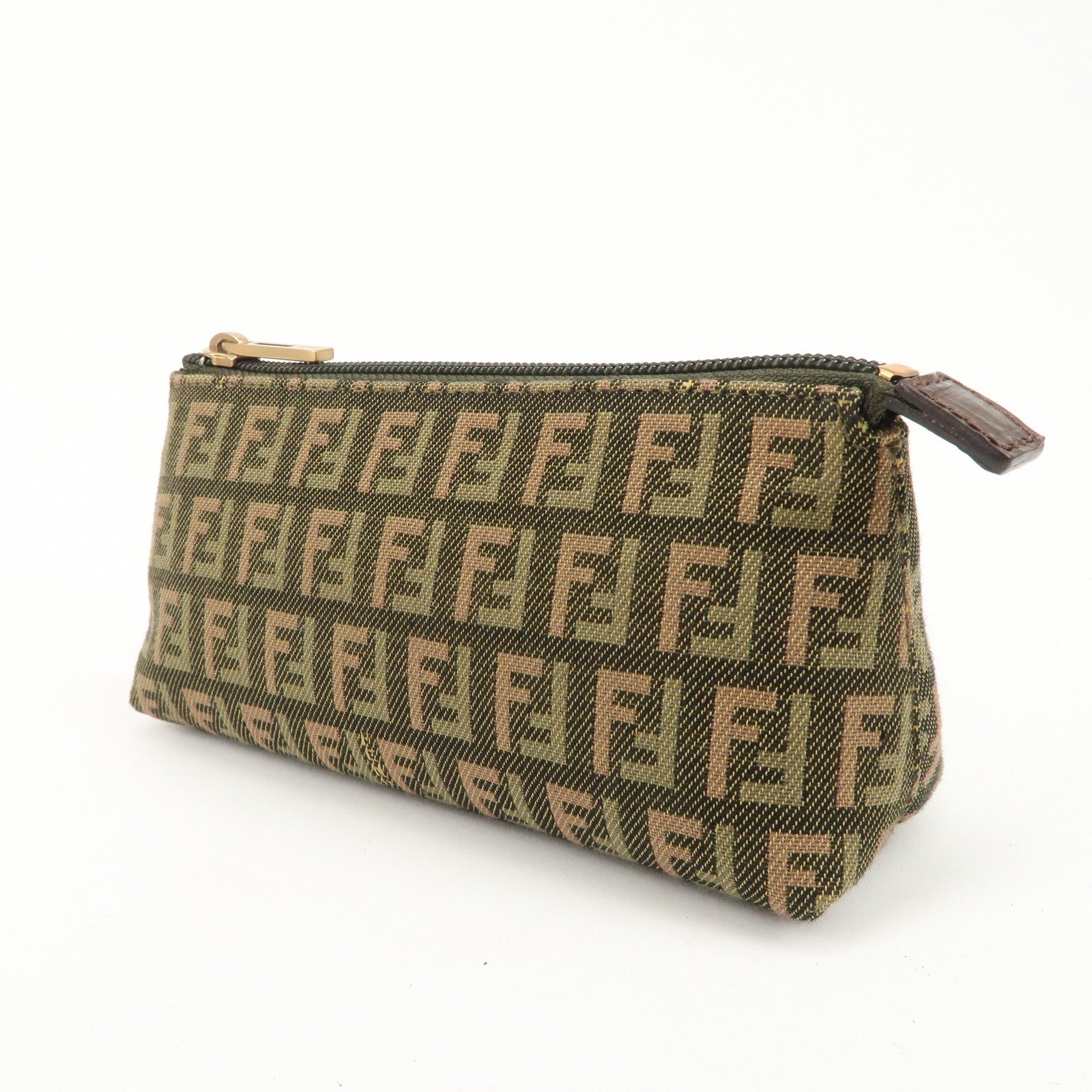 FENDI Zucca Canvas Leather Pouch Mini Bag Khaki Brown 7N0037 Used