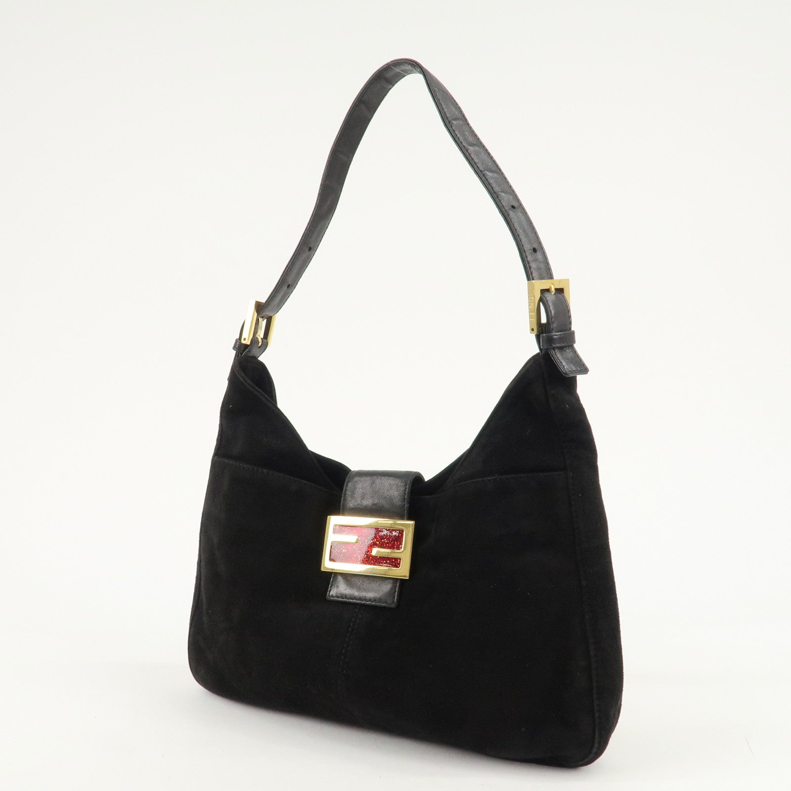 FENDI Suede Leather Shoulder Bag Black 26569 Used