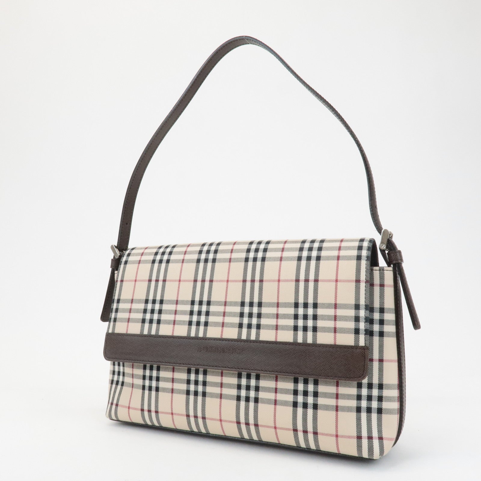 BURBERRY Nylon Leather Nova Plaid Shoulder Bag Beige Brown Used