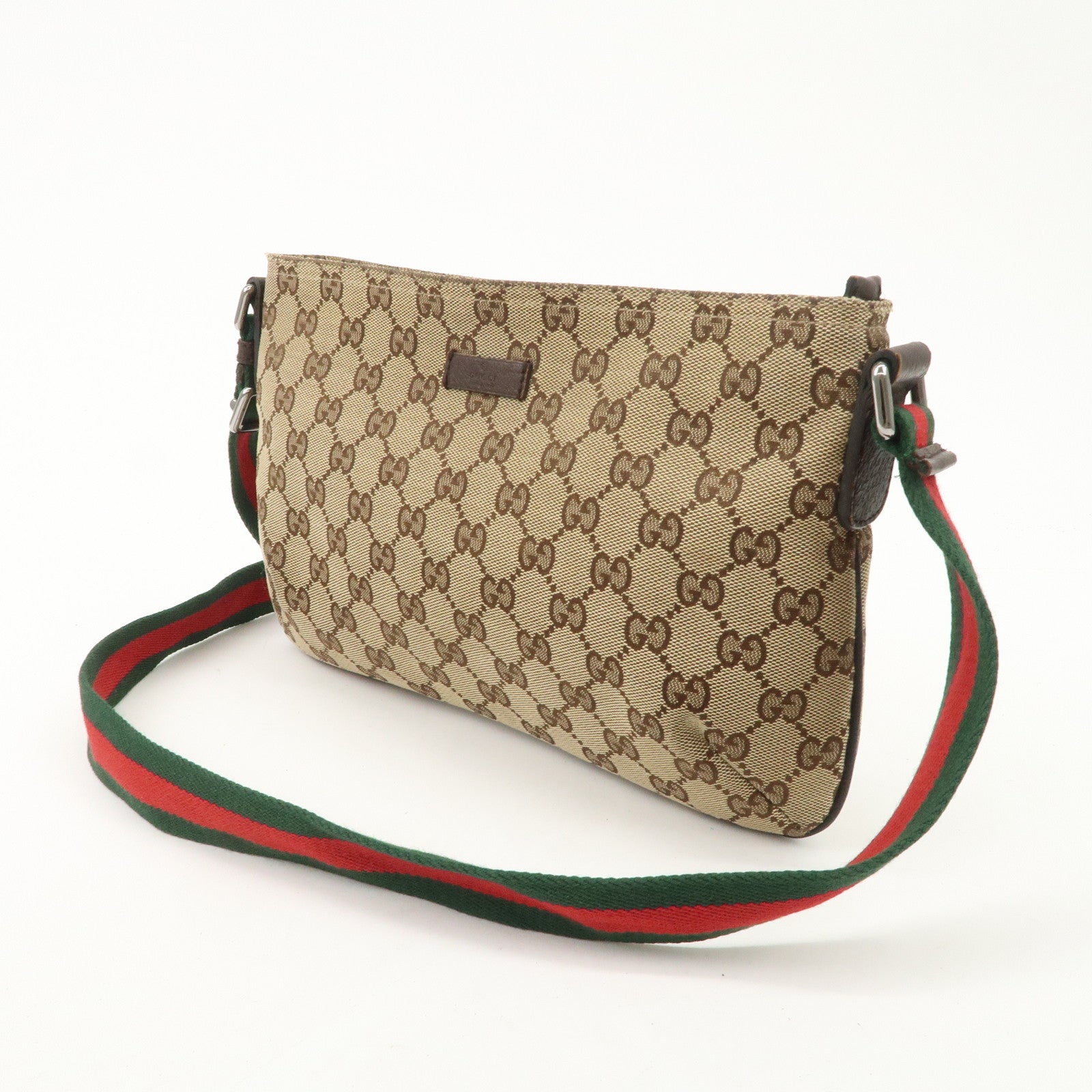 GUCCI GG Canvas Leather Shoulder Bag Beige Dark Brown 189749 Used