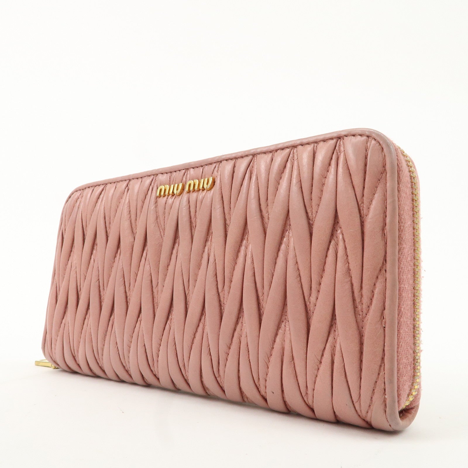 MIU MIU Matelasse Leather Round Zippy Long Wallet Pink 5ML506 Used