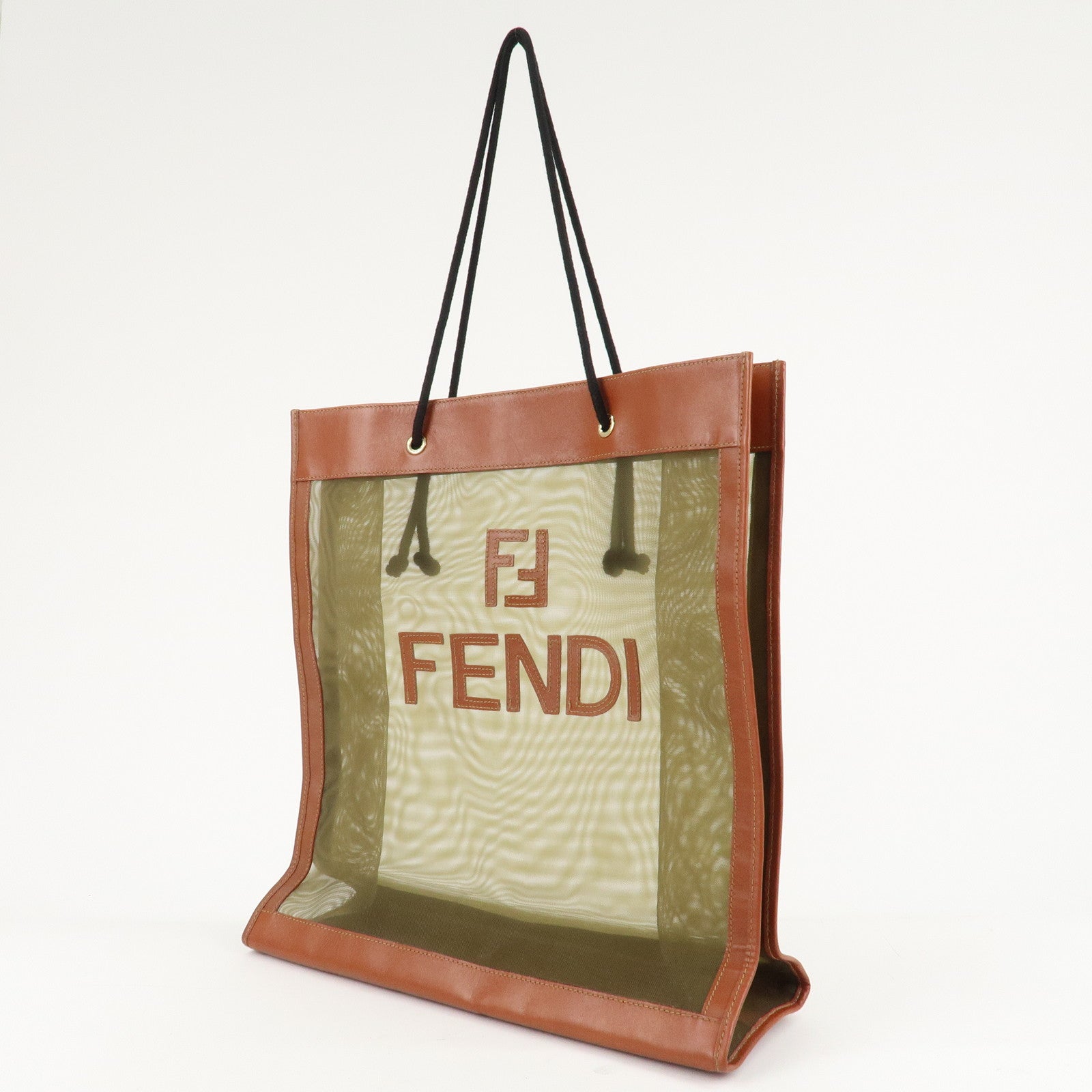 FENDI Mesh Leather Tote Bag Shoulder Bag Khaki Brown 259642