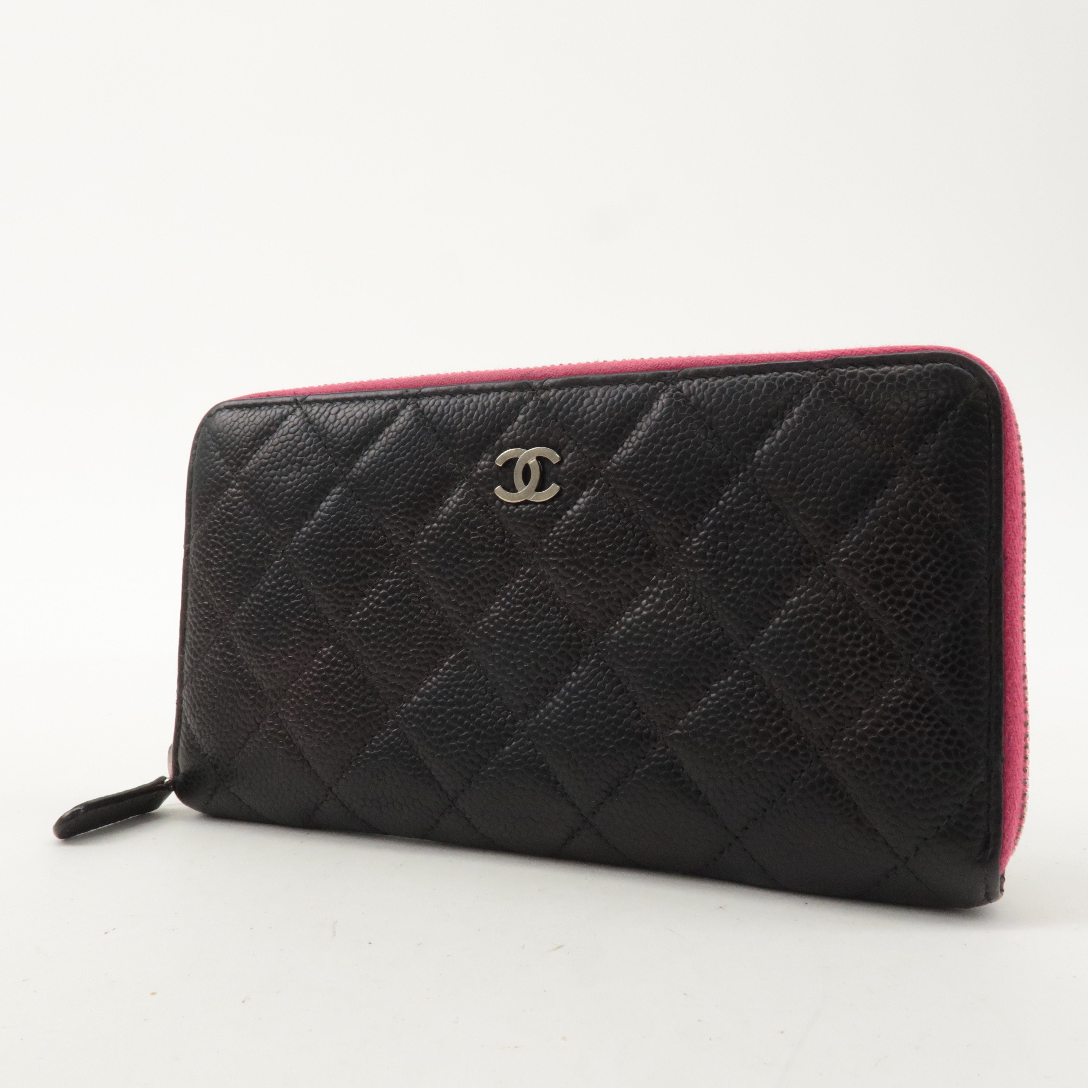 CHANEL Caviar Skin Zip Round Long Wallet Black Pink