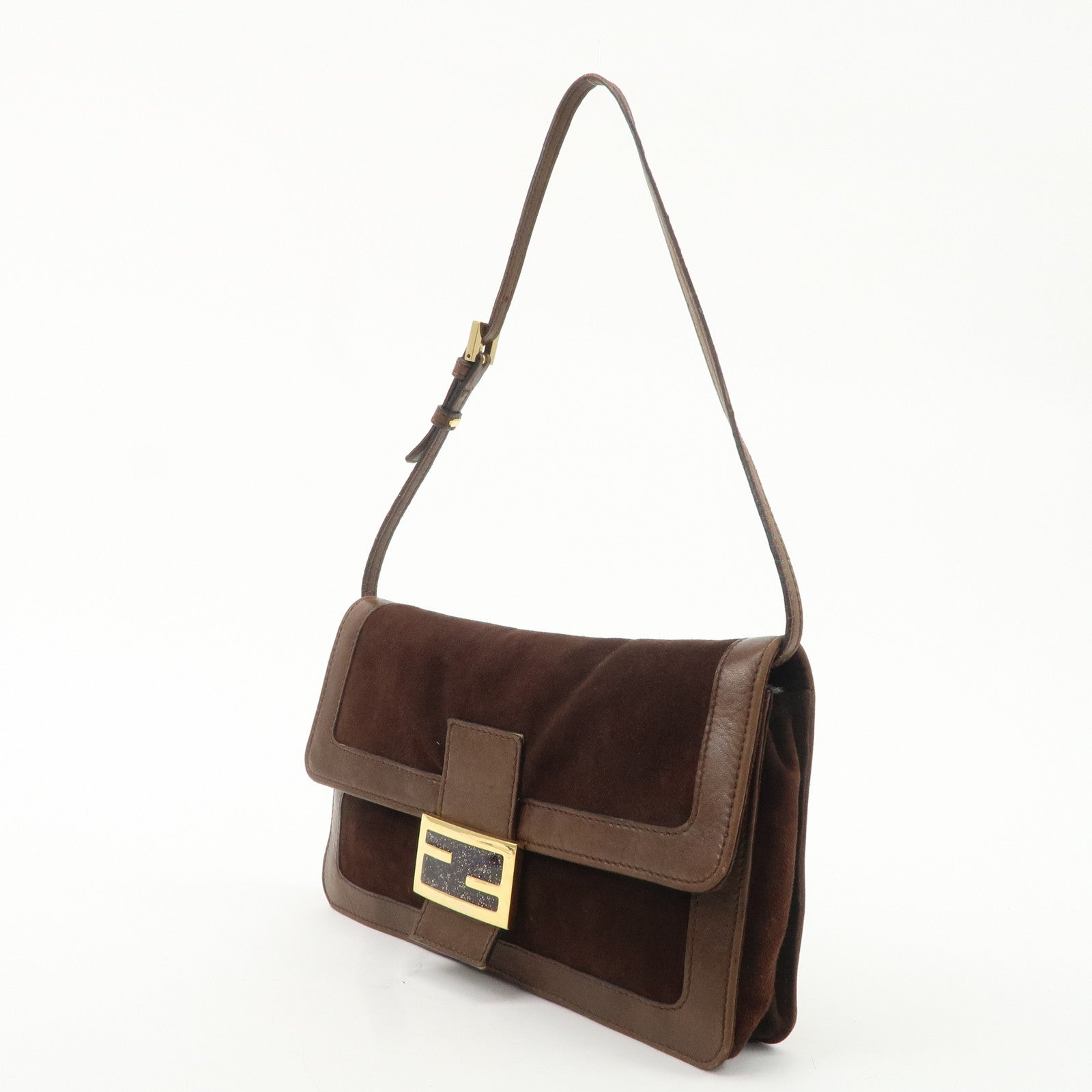 FENDI Suede Leawther Shoulder Bag Hand Bag Brown 16381 Used