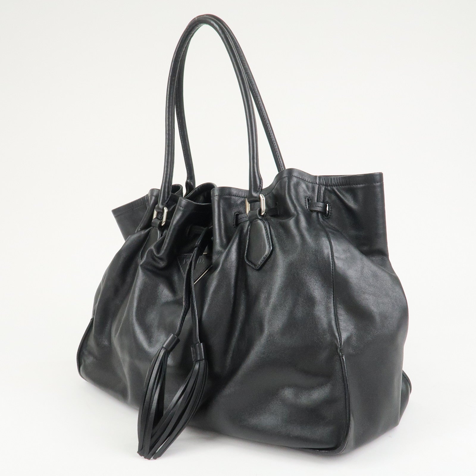 PRADA Triangle Logo Leather Tote Bag Black Used