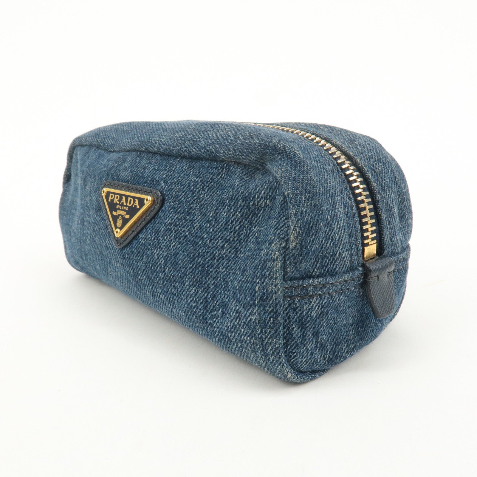 PRADA Logo Denim Pouch Cosmetic Pouch Blue Gold Hardware