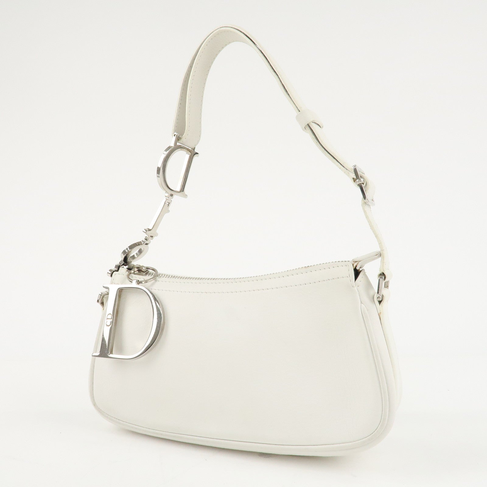 Christian Dior Canvas Leather Logo Charm Hand Bag White