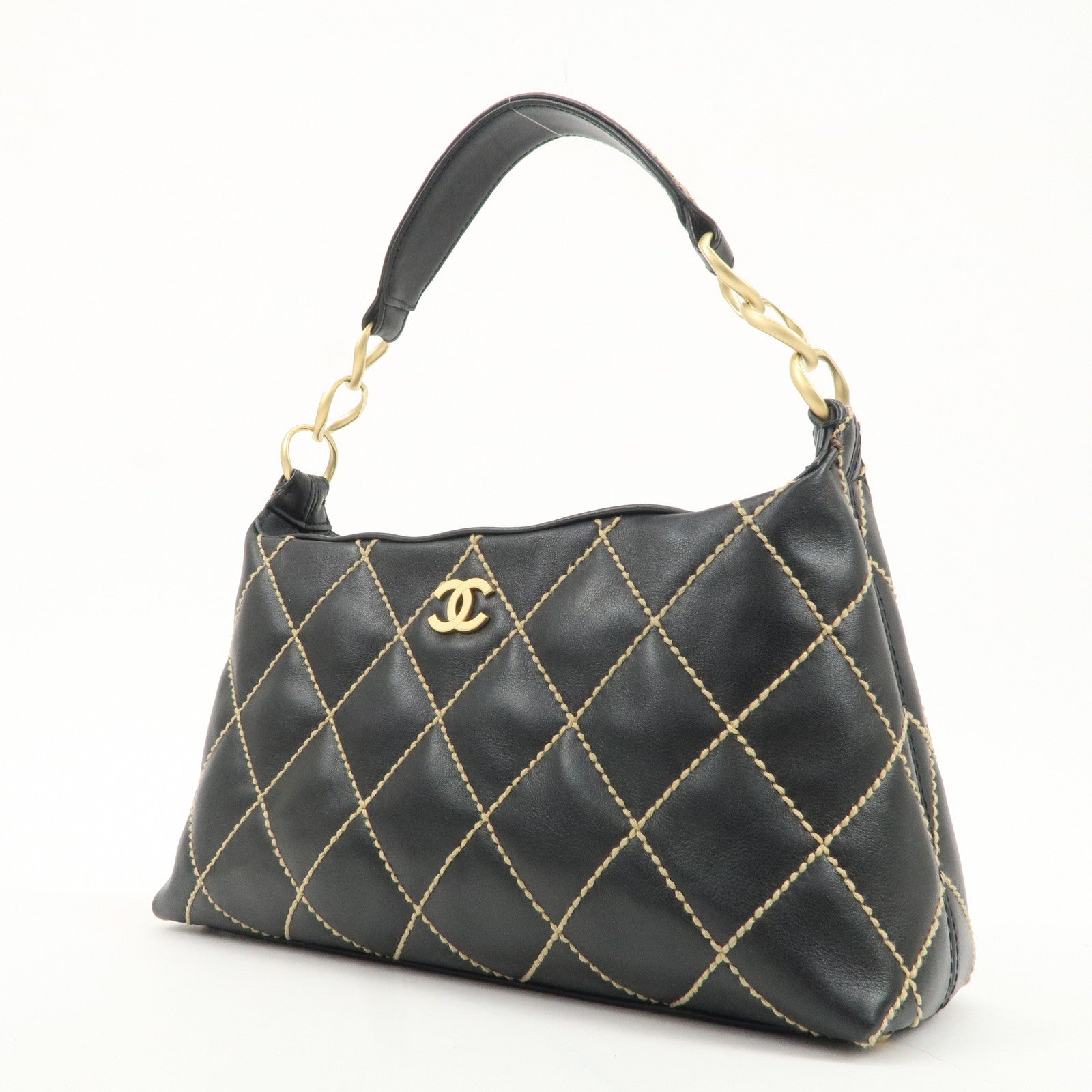 CHANEL Wild Stitch Lamb Skin Shoulder Bag Hand Bag Black A20663 Used