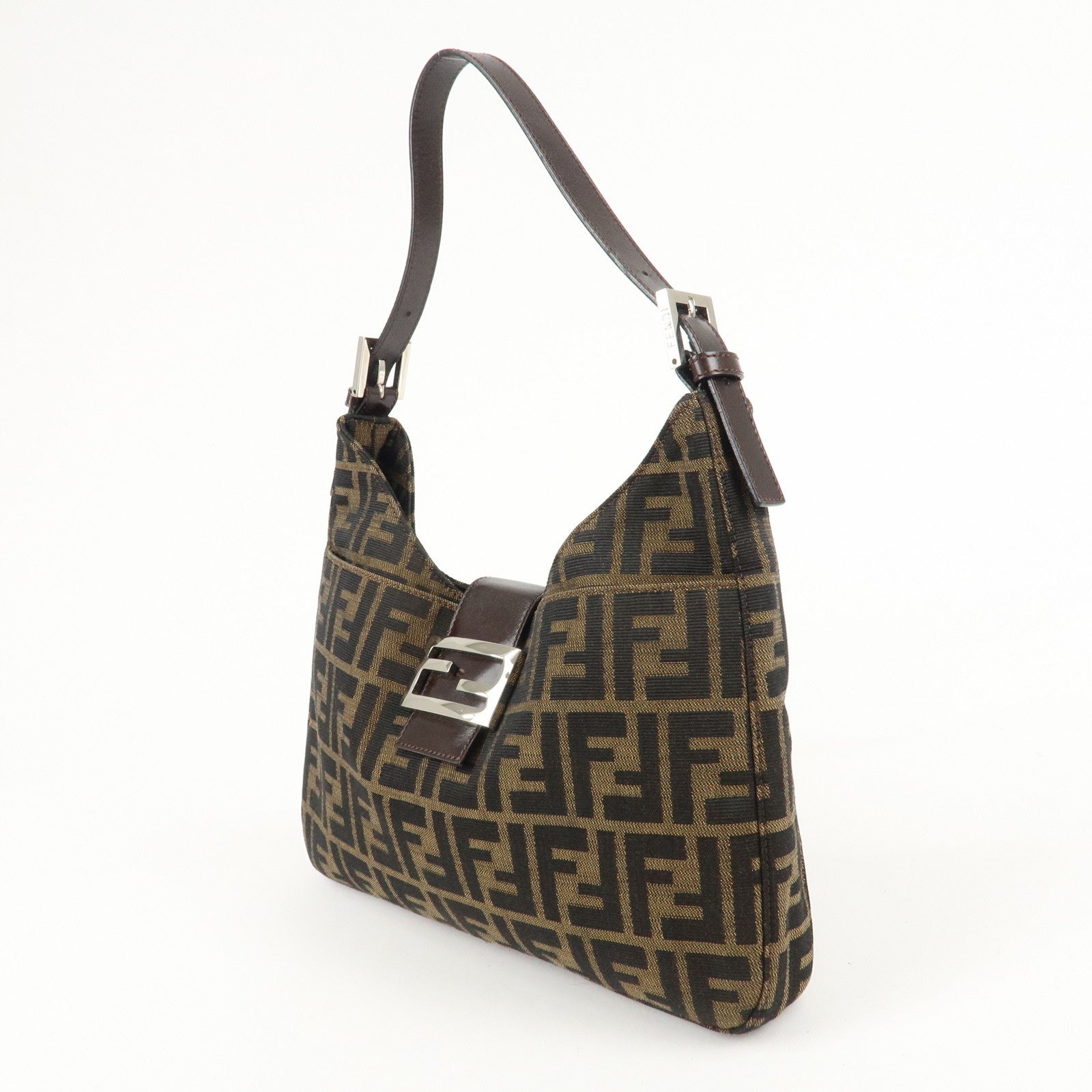 FENDI Zucca Canvas Leather Shoulder Bag Brown Black 26569 Used