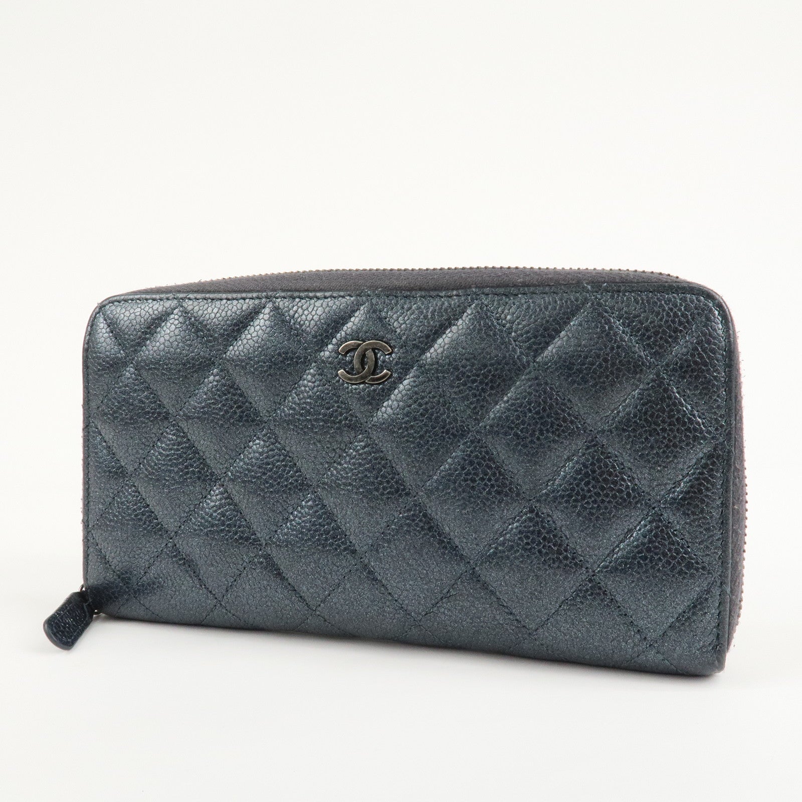 CHANEL Matelasse Caviar Skin Zip Around Long Wallet Metal Blue