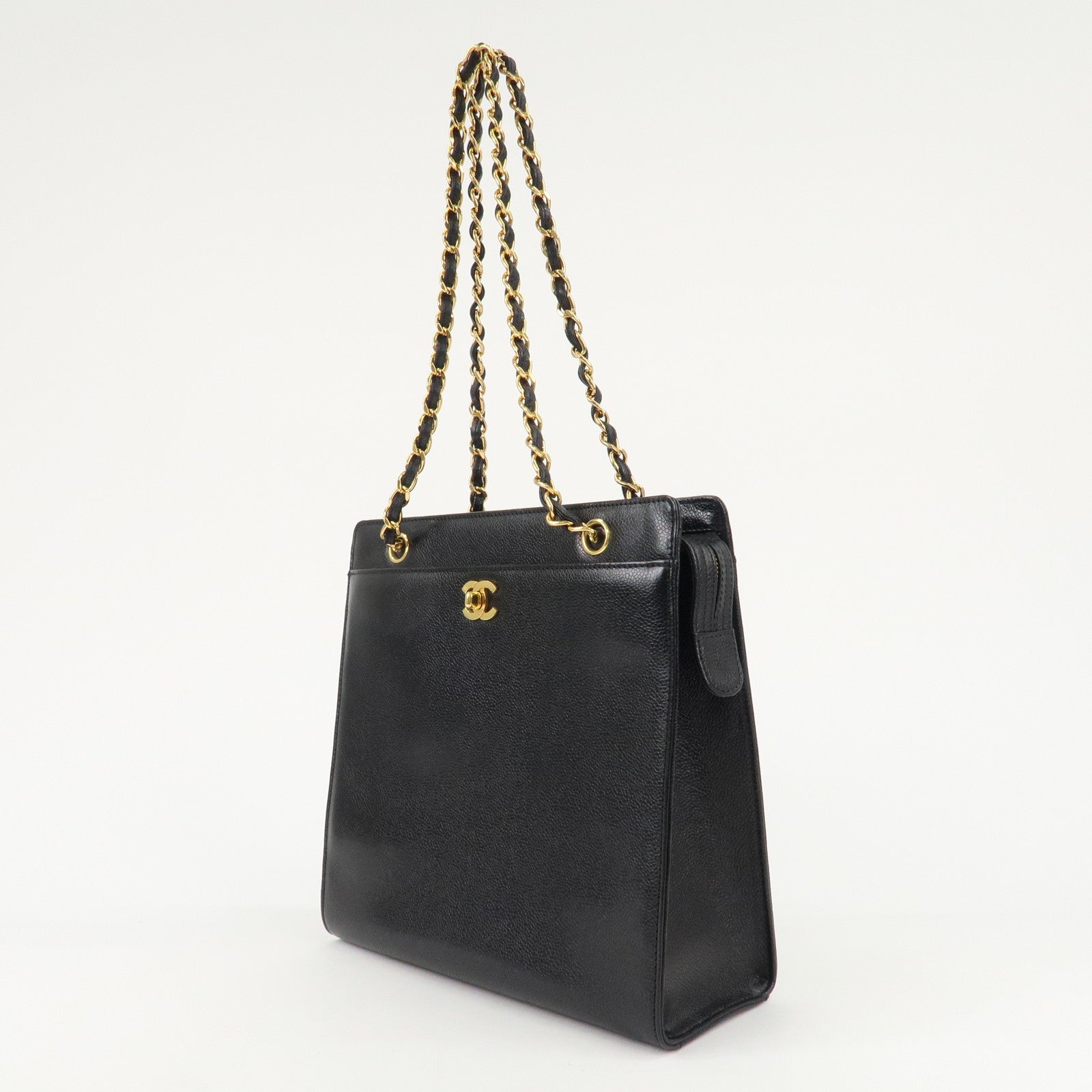 CHANEL COCO Mark Caviar Skin Chain Tote Bag Black Gold