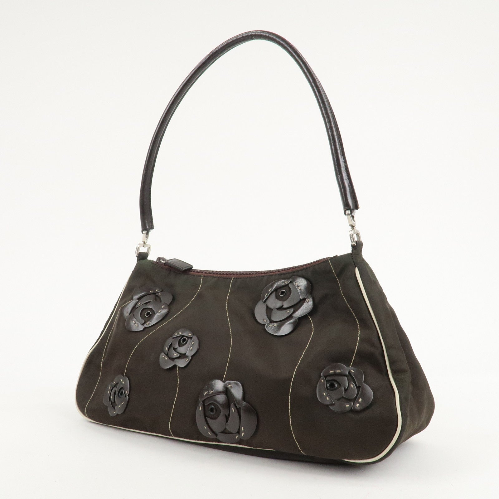 PRADA Nylon Leather Shoulder Bag Flower Motif Green Brown