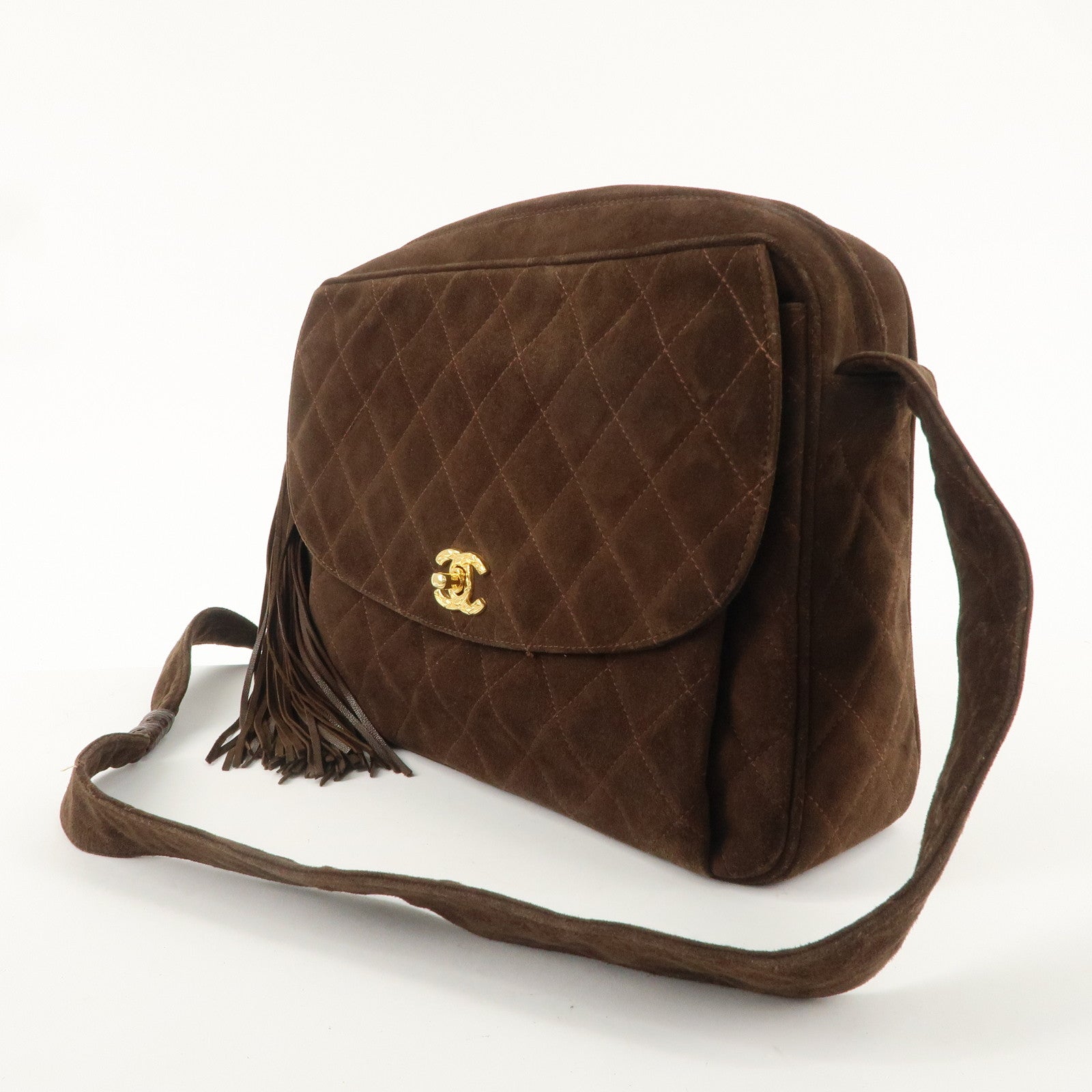 CHANEL Matelasse Suede Shoulder Bag Brown Gold Hardware