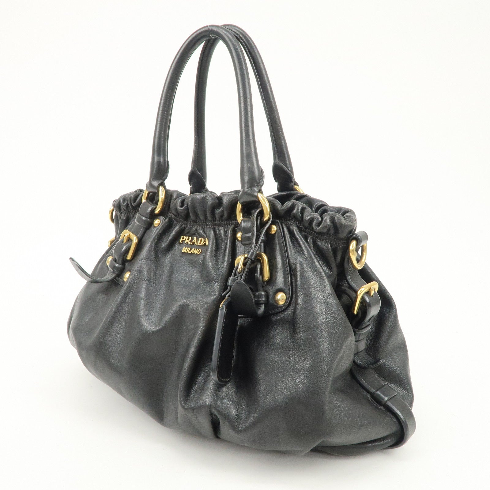 PRADA Logo Leather Gathered Hand Bag Black Gold HDW BR4259 Used